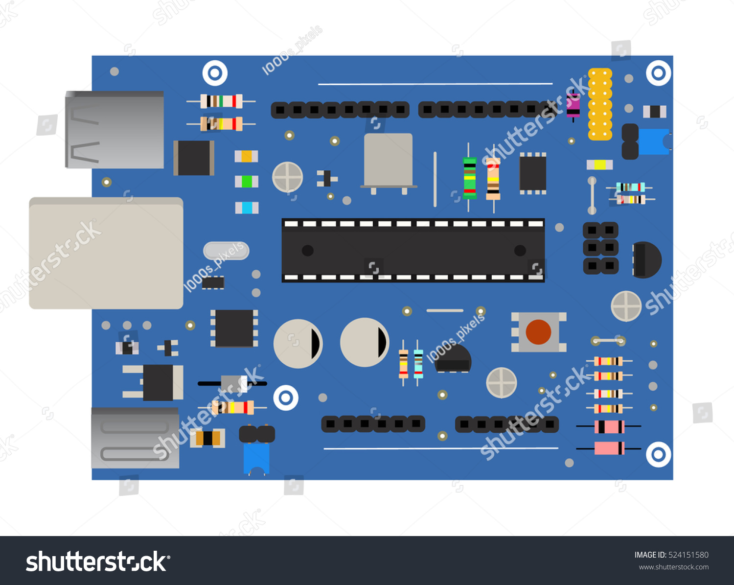 SVG of DIY electronic board with a micro-controller, LEDs, connectors, and other electronic components, to form the basic of smart home, robotic, and many other projects related to electronics svg