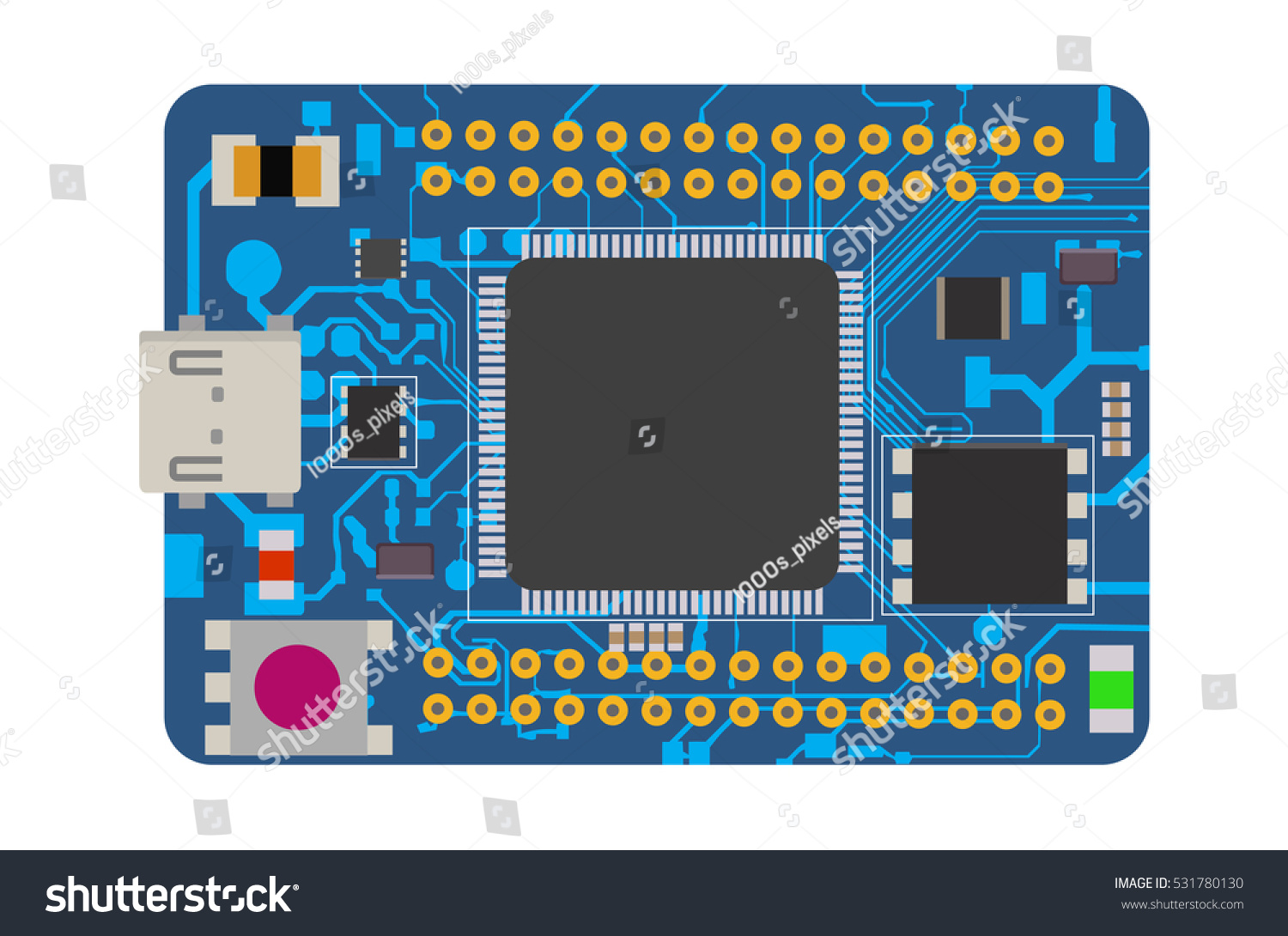 SVG of DIY electronic mega board with a micro-controller, LEDs, connectors, and other electronic components, to form the basic of smart home, robotic, and many other projects related to electronics. svg