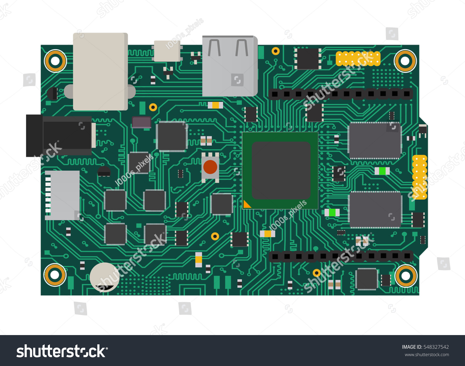 SVG of DIY electronic mega board with a micro-controller, LEDs, connectors, and other electronic components, to form the basic of smart home, robotic, and many other projects related to electronics. svg