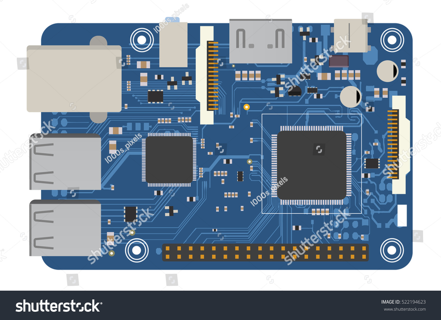 SVG of DIY electronic mega board with a microprocessor, interfaces, LEDs, connectors, and other electronic components, to form the basic of smart home, robotic, and many other projects related to electronics svg