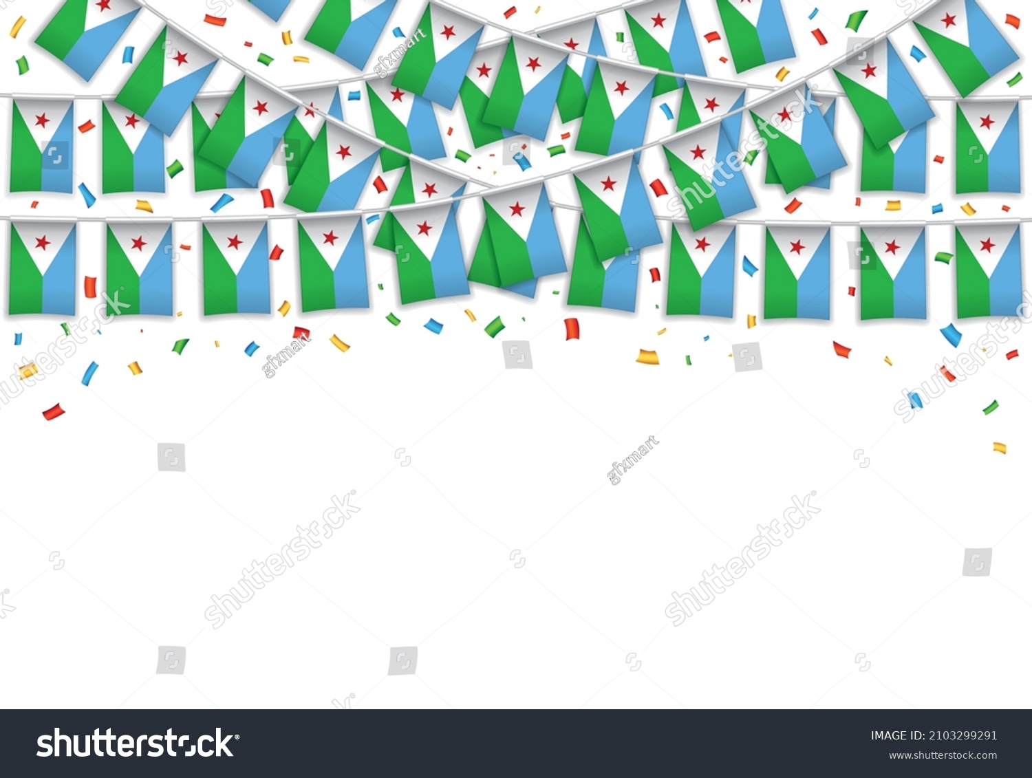 SVG of Djibouti flag garland white background with confetti, Hang bunting for Djibouti Independence Day celebration template banner, Vector illustration svg