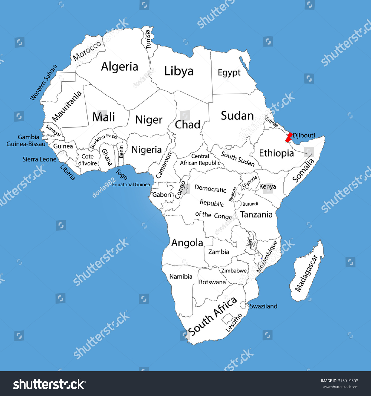 Djibouti Vector Map Silhouette Isolated On Stock Vector Royalty Free 315919508