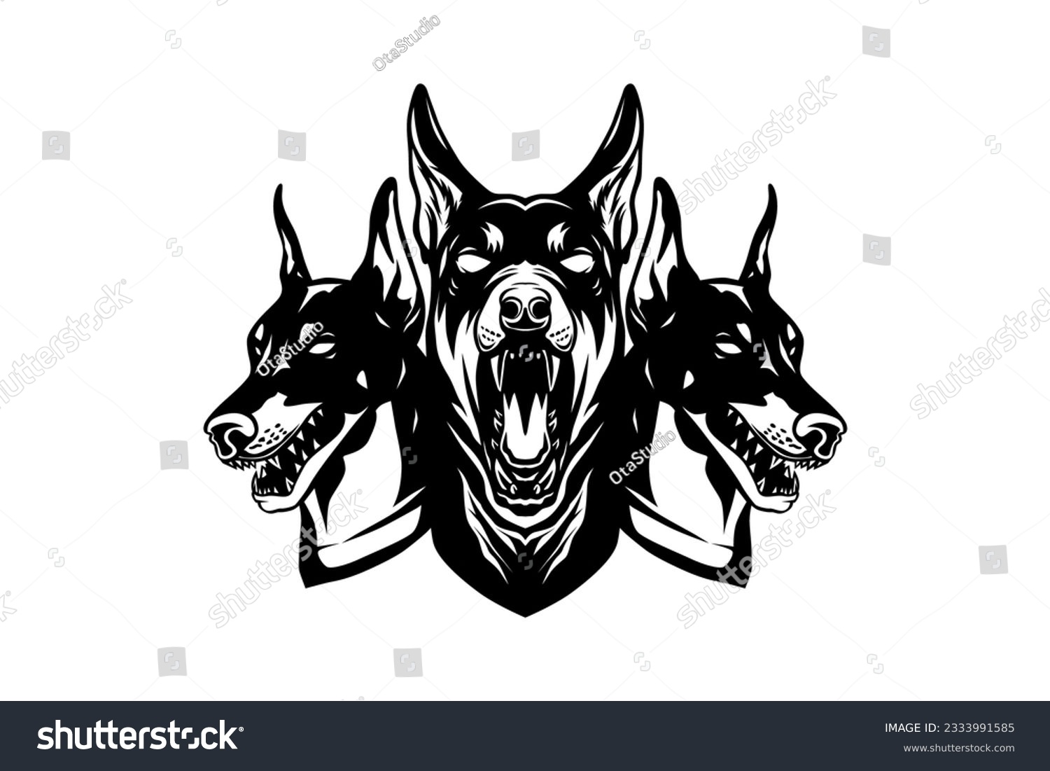SVG of Doberman dog with three head like cerberus, vector black white svg