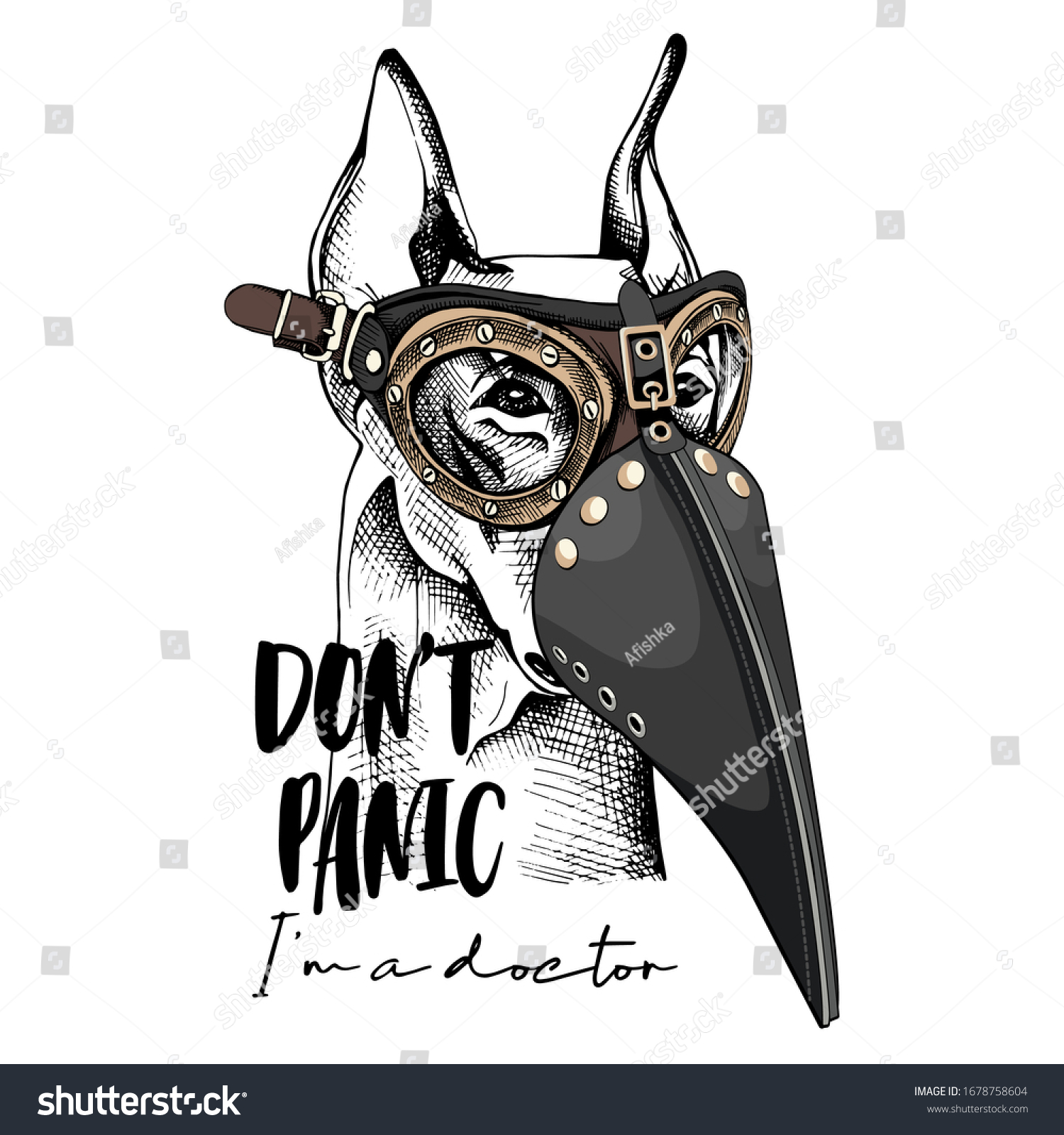 SVG of Doberman in a Plague Doctor mask and in a protective glasses. Steampunk Character. Don't panic. I'm a doctor - lettering quote. T-shirt composition, hand drawn style print. Vector illustration. svg