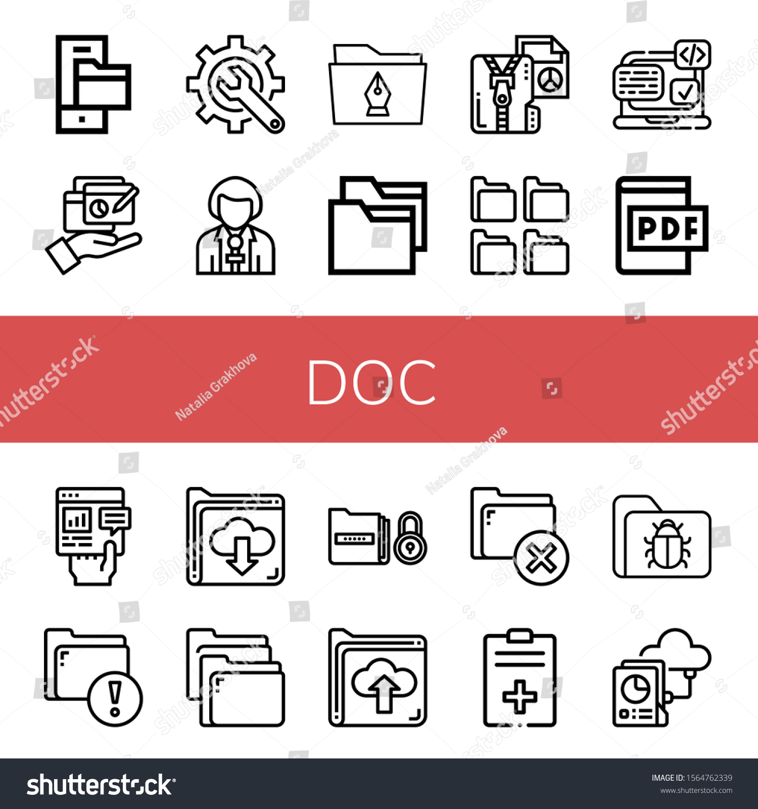 SVG of doc simple icons set. Contains such icons as Folder, Report, Content, Reporter, Compressed file, Folders, Svg, Pdf file, can be used for web, mobile and logo svg