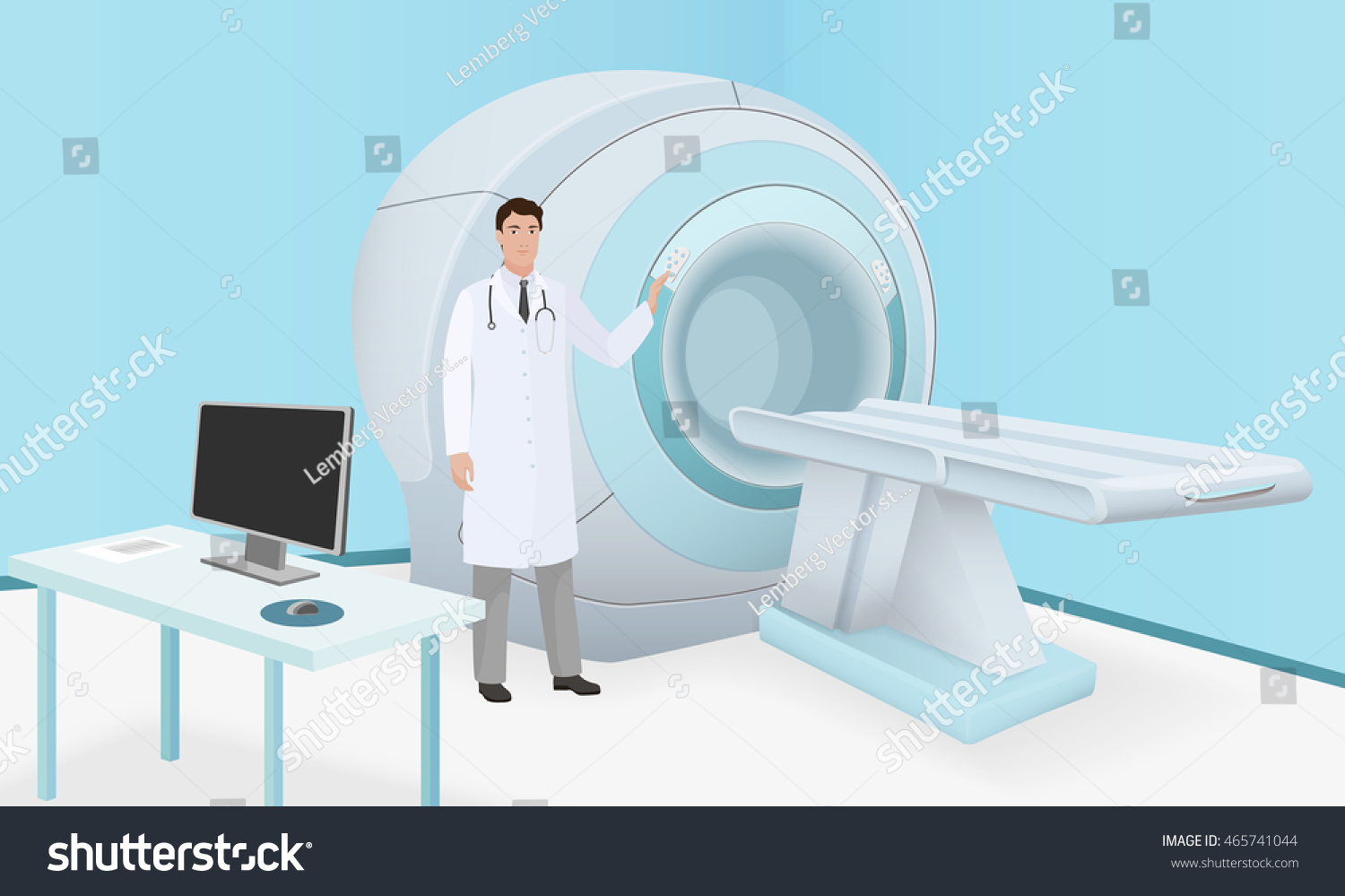 SVG of Doctor invites patient to body brain scan of MRI machine. MRI scan and diagnostics process in procedure room. Realistic vector svg