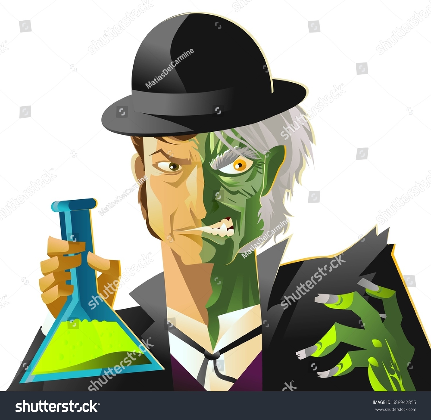 SVG of doctor jekyll and mister hyde monster transformation with green potion svg