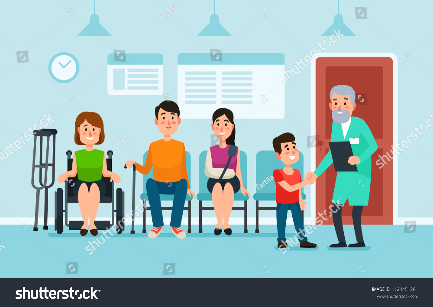 医者待合室 患者は 医師を待ち 病院 の椅子に座る医療支援を受ける 多忙な医療クリニックのホールレセプションにいる患者と女性が ドックマンガのカラフルなベクターイラスト を待つ のベクター画像素材 ロイヤリティフリー