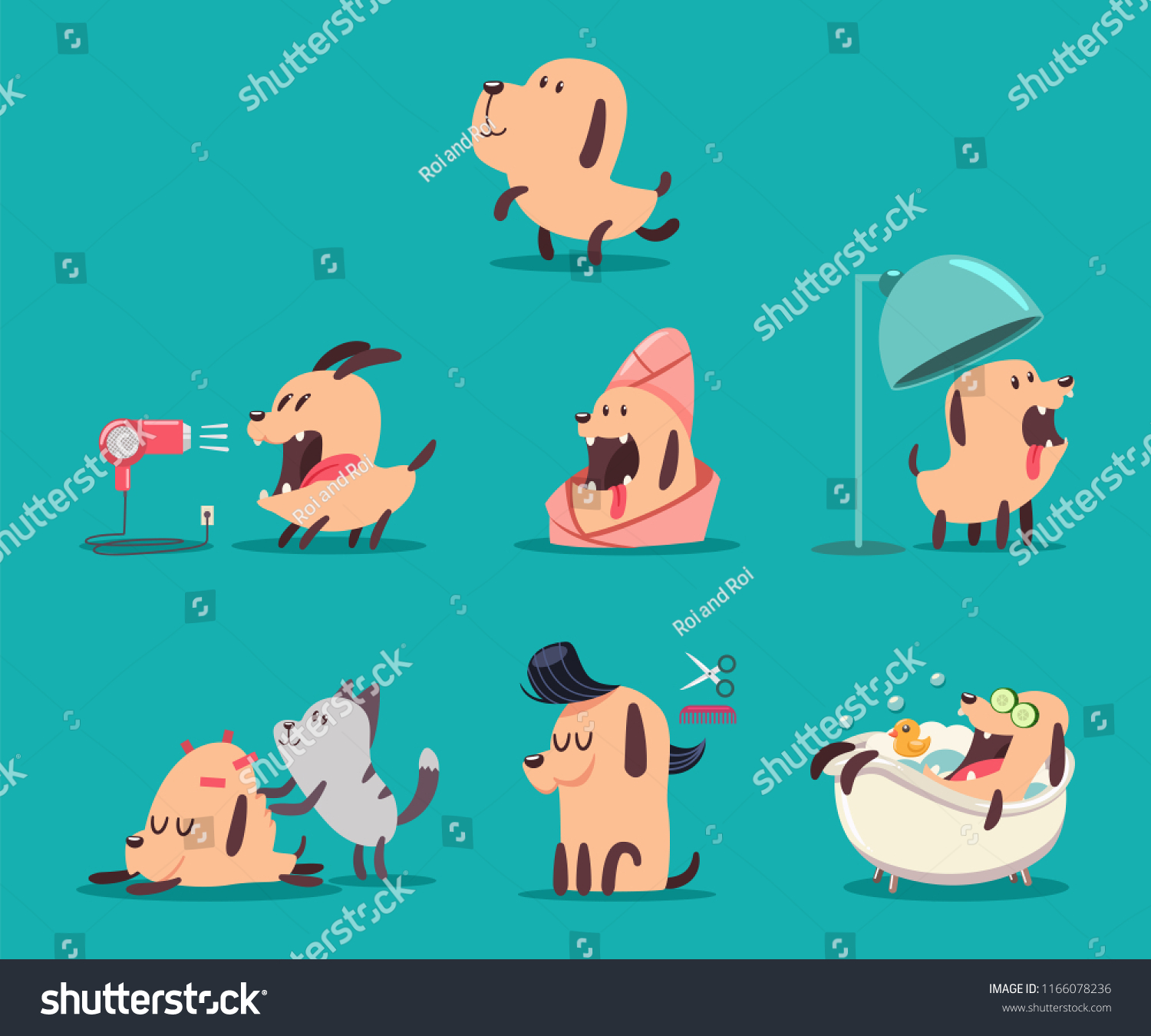 SVG of Dog beauty salon. Funny puppies character in the spa. Grooming vector cartoon set of cute pets isolated on background. svg