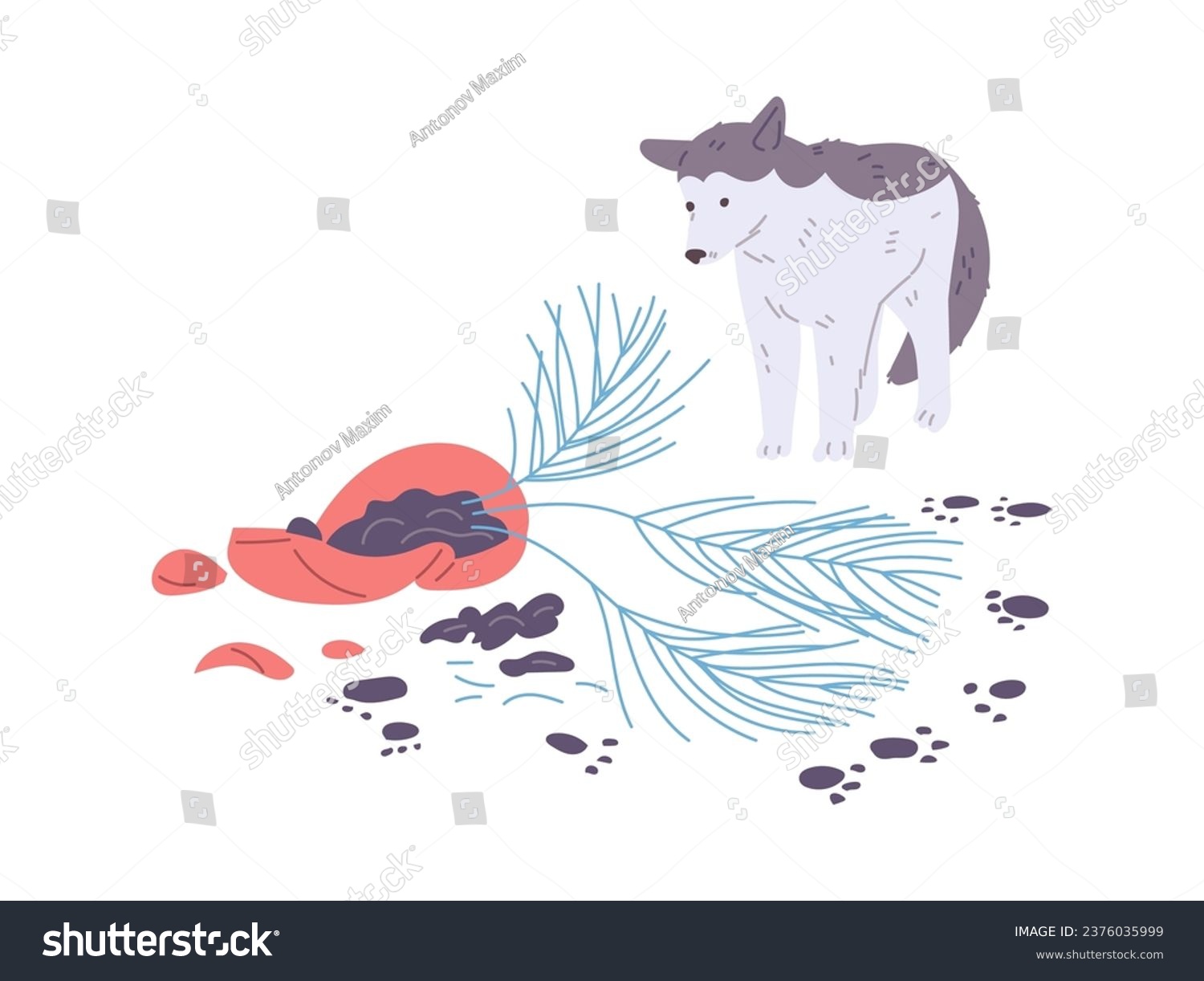 SVG of Dog, broken house plant pot and dirty paw prints vector illustration on white background. Disorder made by naughty dog. Pet mess and bad behavior concept. Canine animal knock over, damage flower pot. svg