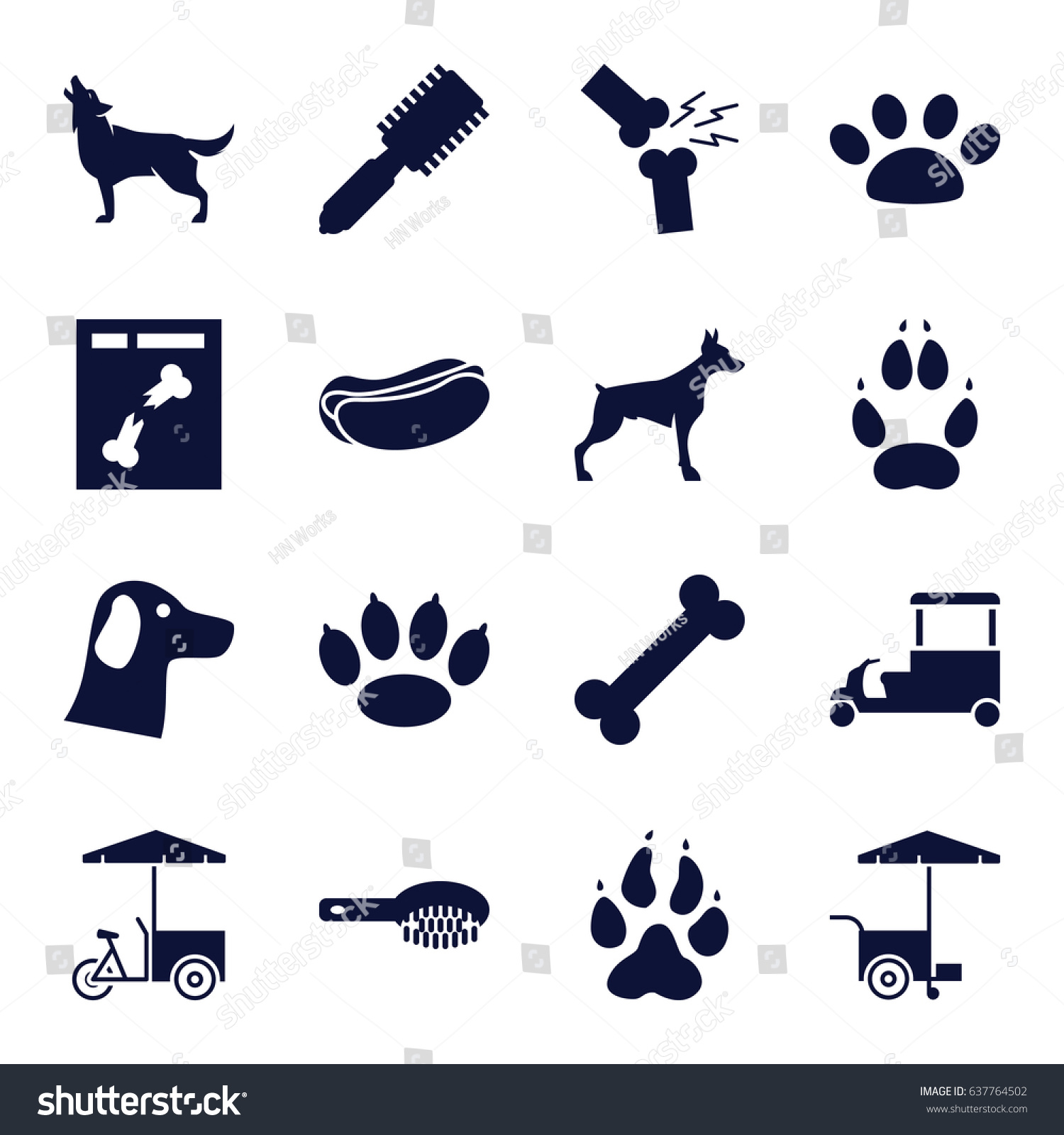 SVG of Dog icons set. set of 16 dog filled icons such as animal paw, wolf, hair brush, fast food cart, x ray, broken leg or arm, paw svg