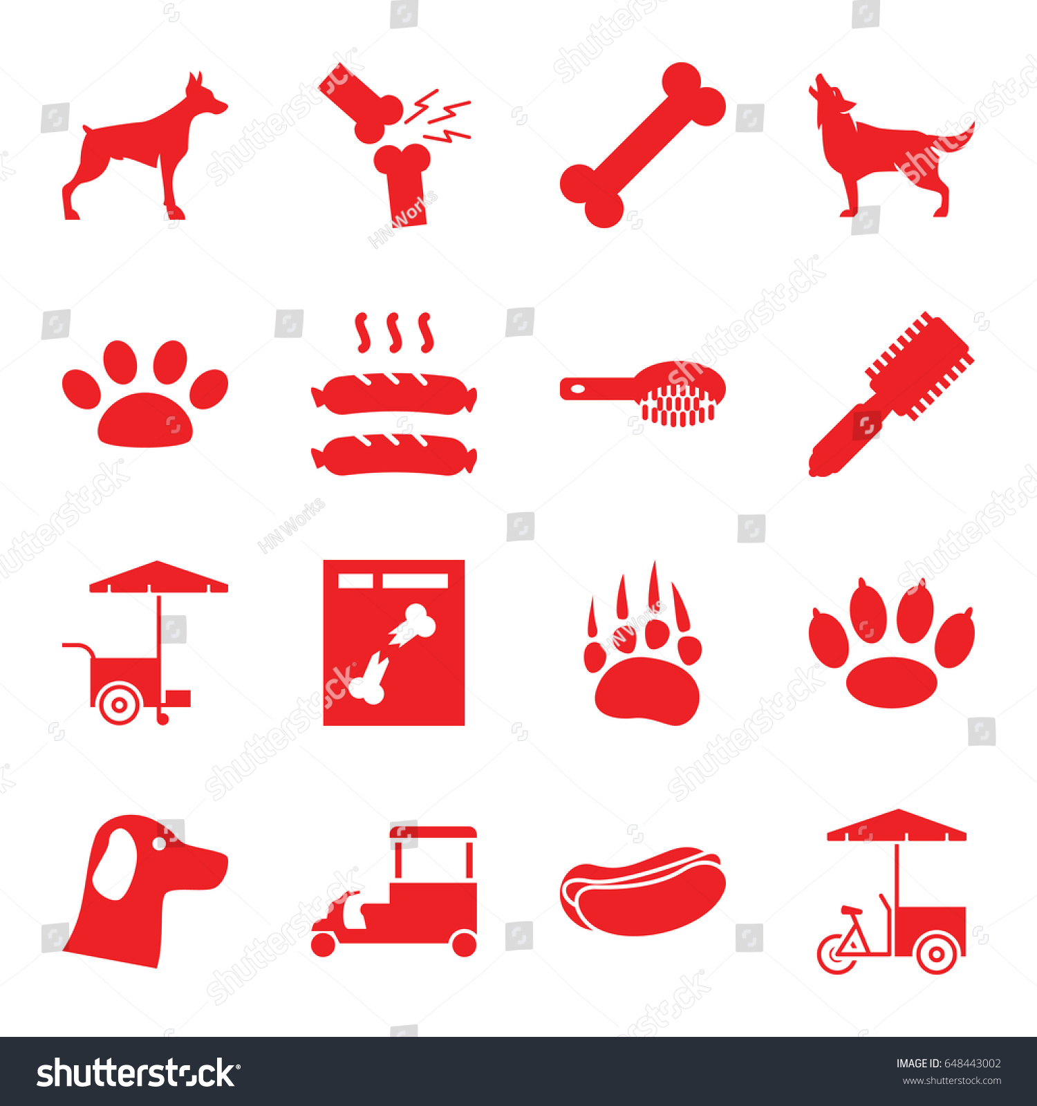 SVG of Dog icons set. set of 16 dog filled icons such as animal paw, wolf, hair brush, fast food cart, x ray, broken leg or arm, sausage, paw svg