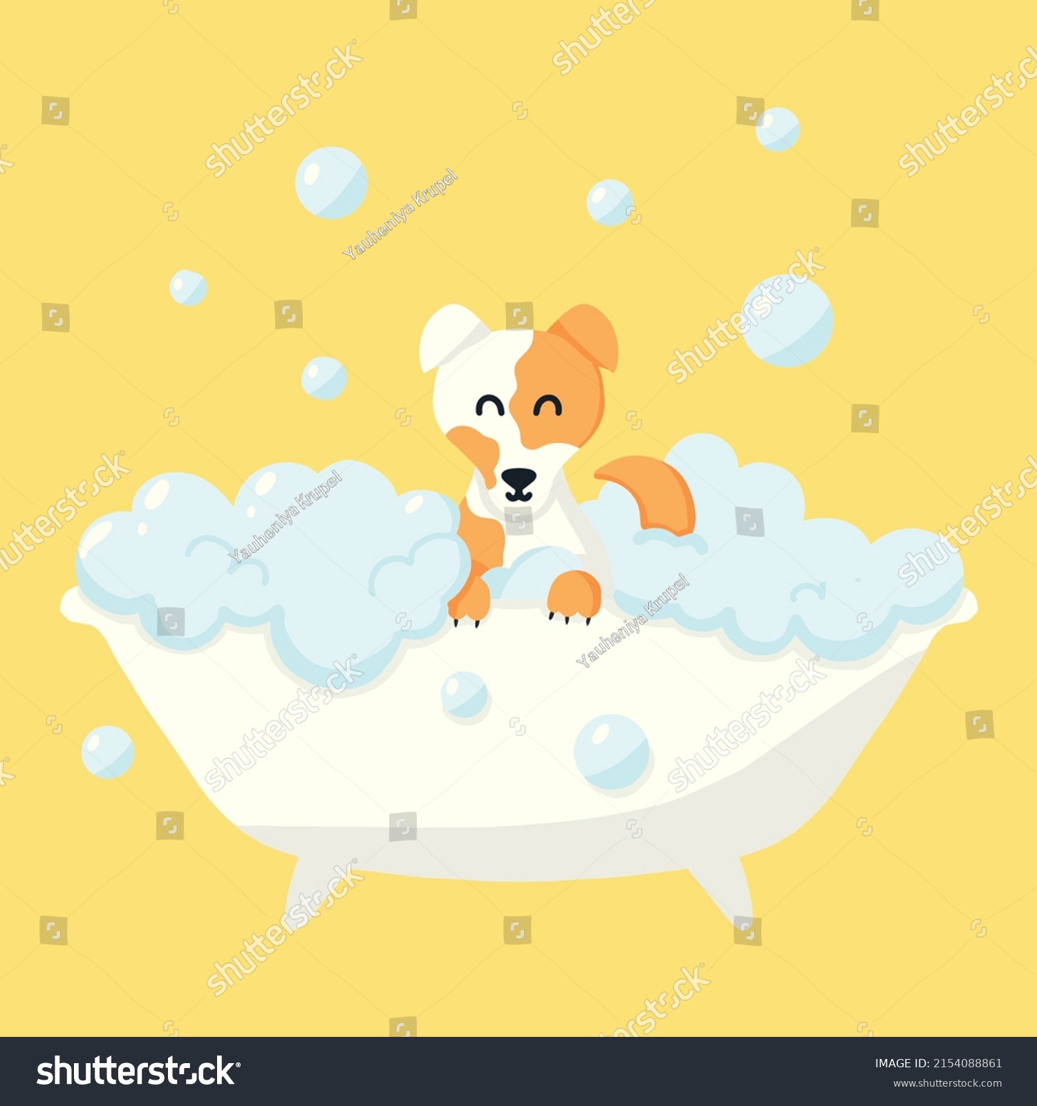 SVG of Dog in a bubble bath. Pet care. Bathing the dog in the bathroom. Vector illustration in cartoon style. svg