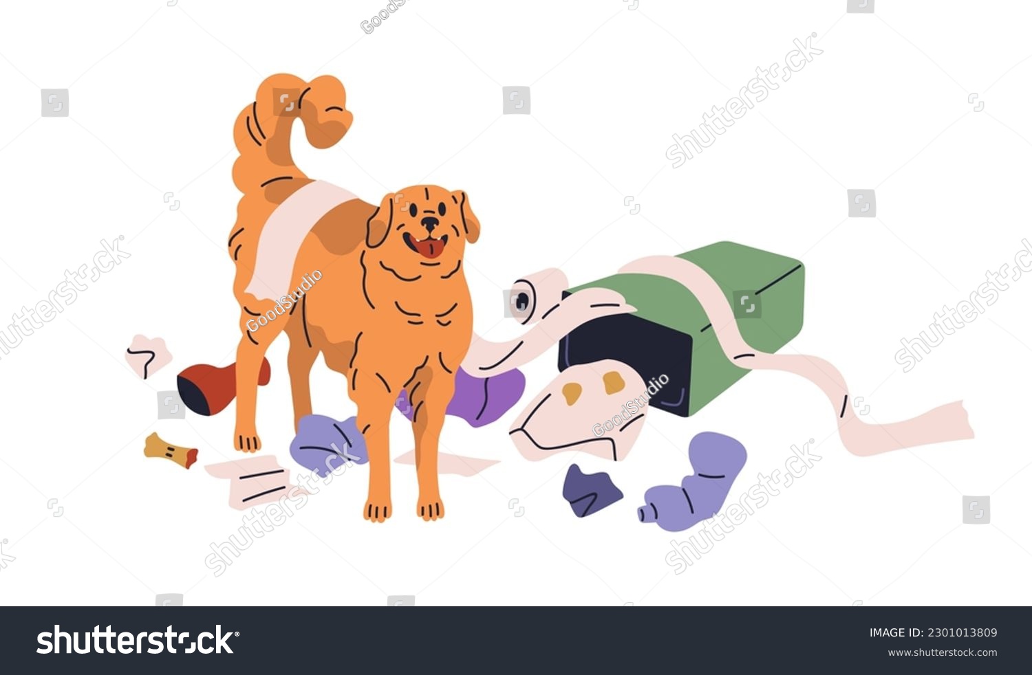 SVG of Dog in mess and chaos among garbage, trash. Naughty mischievous doggy. Bad unwanted inappropriate canine animal behavior, quirk. Flat vector illustration isolated on white background svg