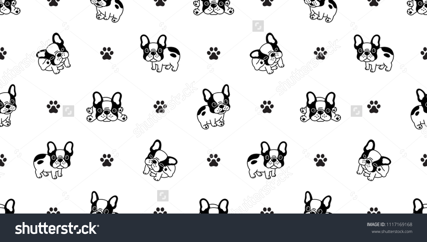 黒い背景に犬のシームレスなパターンのフランスのブルドッグの前足 黒い背景に犬のシームレスなパターンのフランスのブルドッグの前足