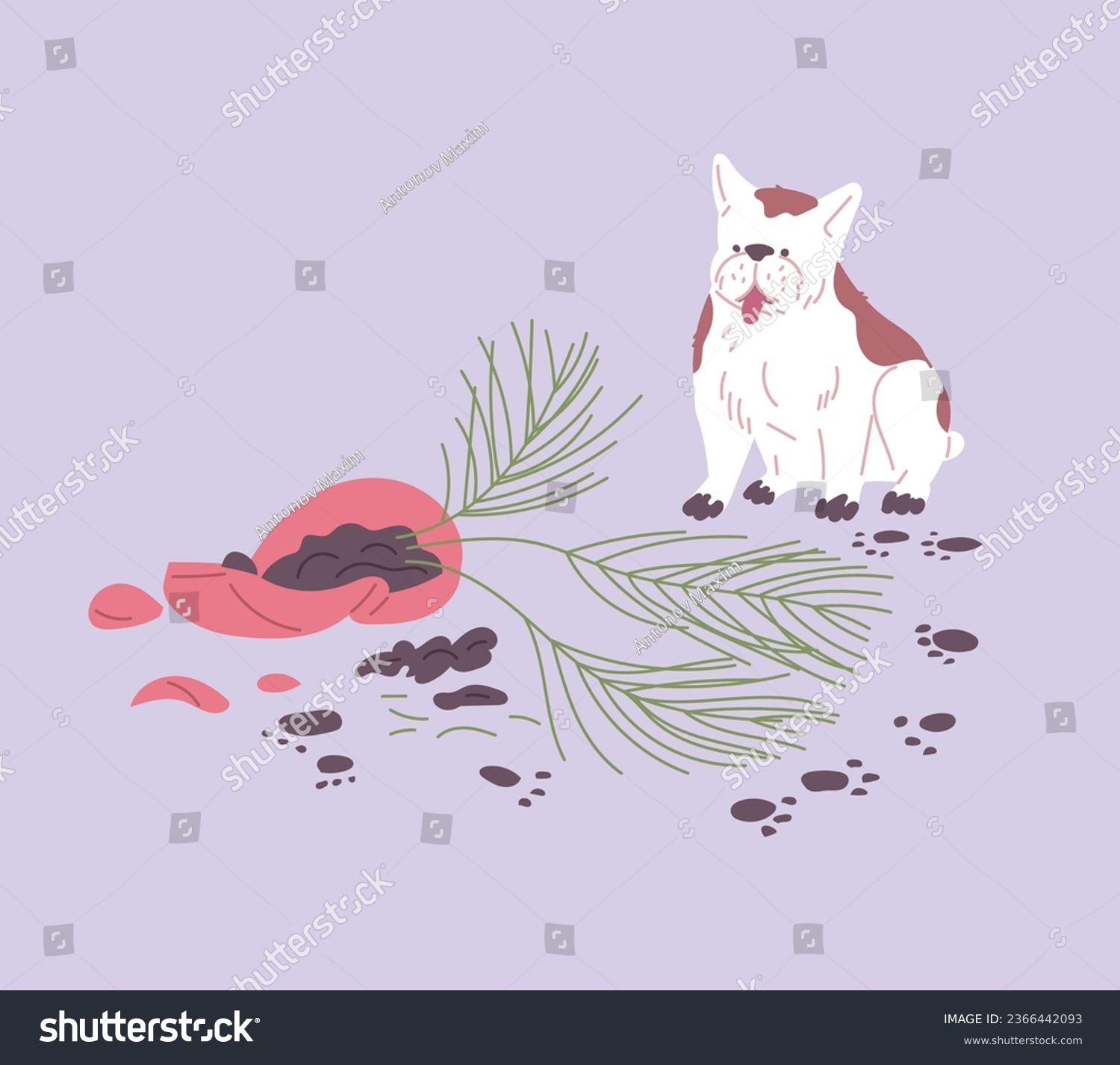 SVG of Dog sitting next to broken flower pot flat style, vector illustration isolated on purple background. Decorative design element, pet's behavior. Dog pet making mess svg