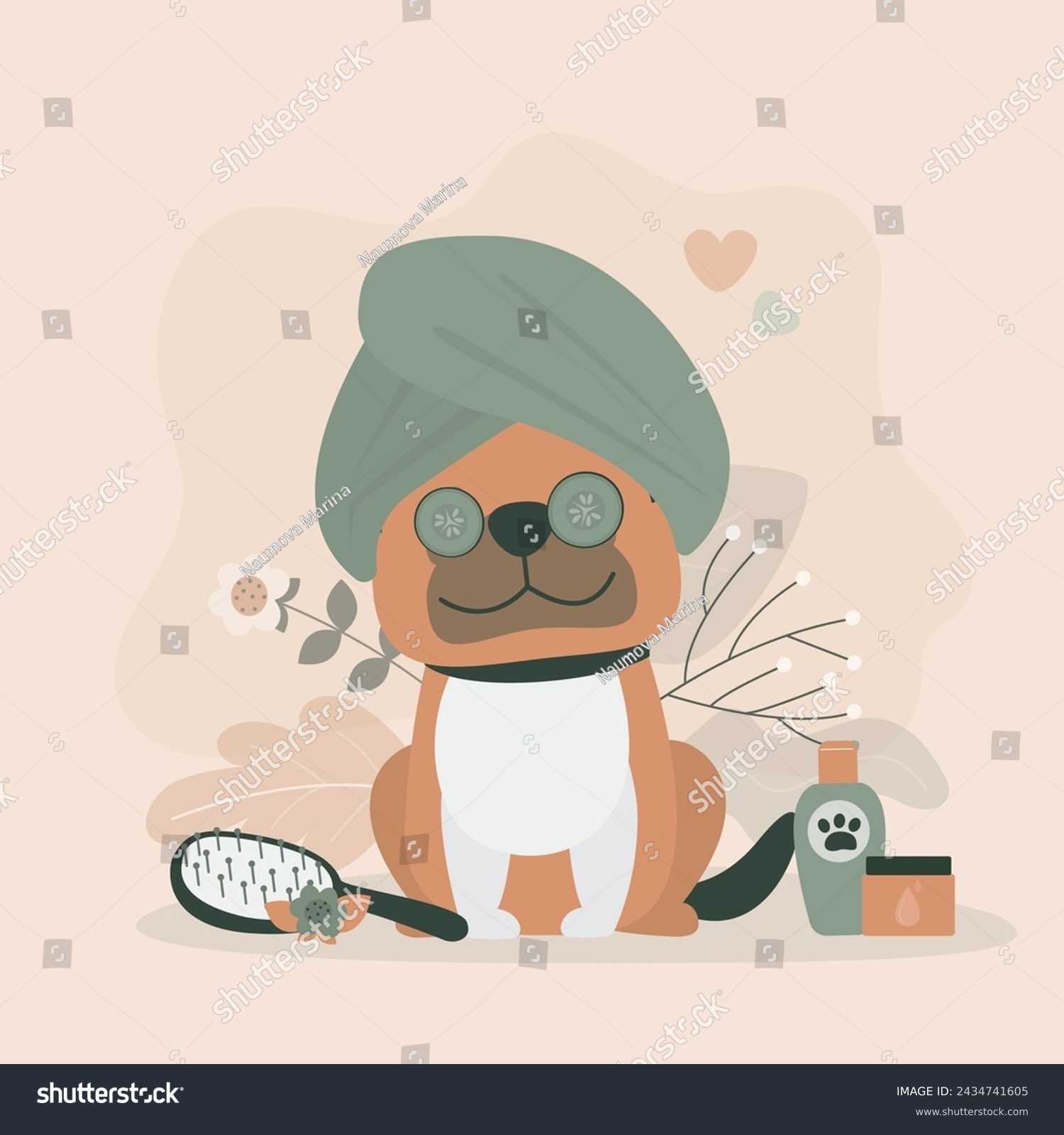 SVG of Dog spa and grooming service concept. Cute dog enjoying salon procedures, animal dry hair with comb and fan. Clean happy pet. Graphic resource for web content, banner, greeting card. flat vector svg