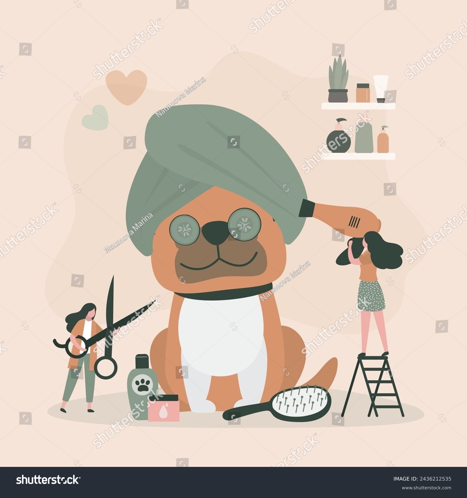 SVG of Dog spa and grooming service concept. Cute dog enjoying salon procedures, female groomer and barber uses comb and fan hair dryer. Clean happy pet in beauty salon for animals. flat vector illustration svg