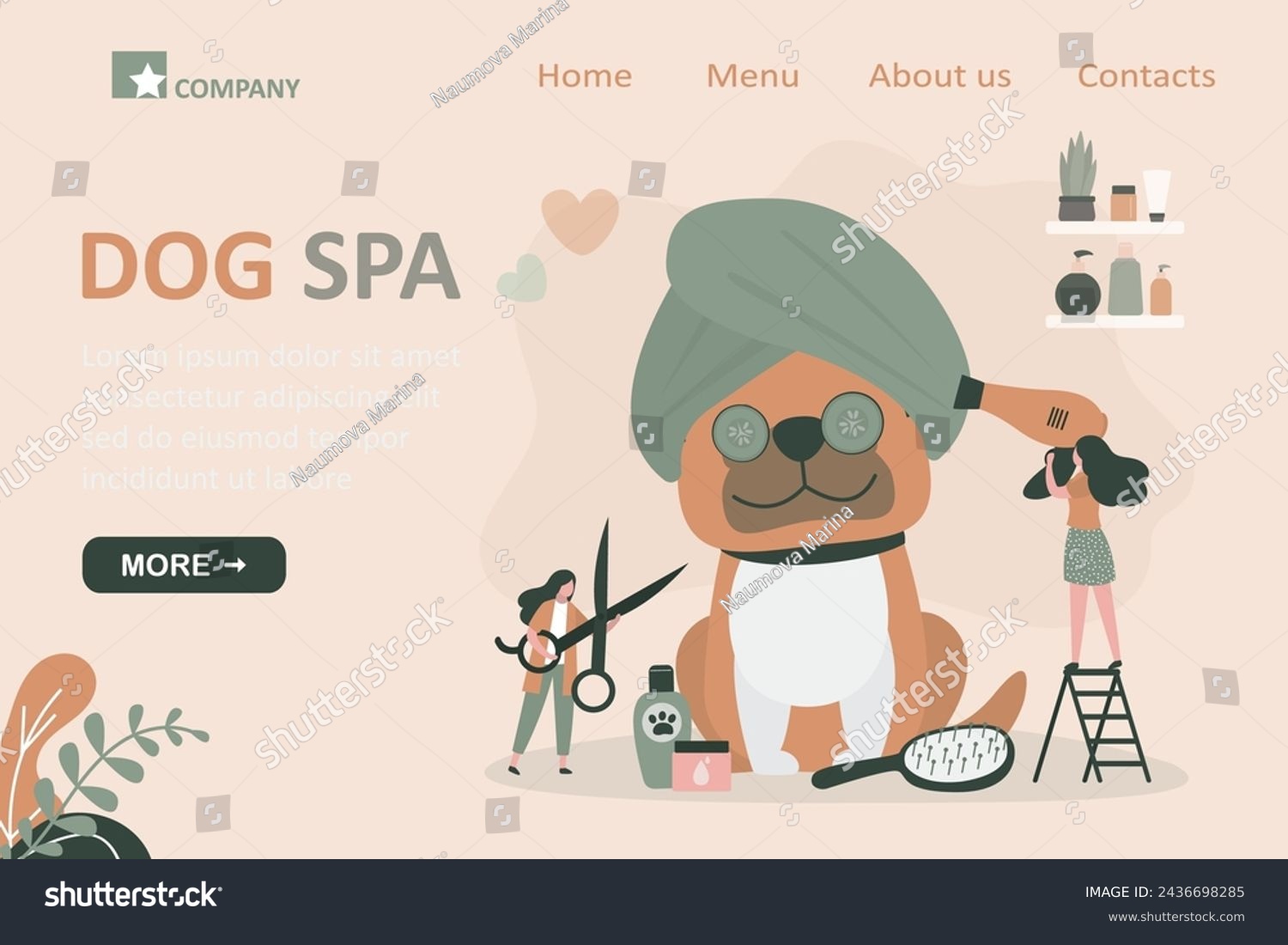 SVG of Dog spa and grooming service, landing page template. Cute dog enjoying salon procedures, female groomer and barber use comb and fan hair dryer. Clean happy pet in beauty salon for animals. flat vector svg