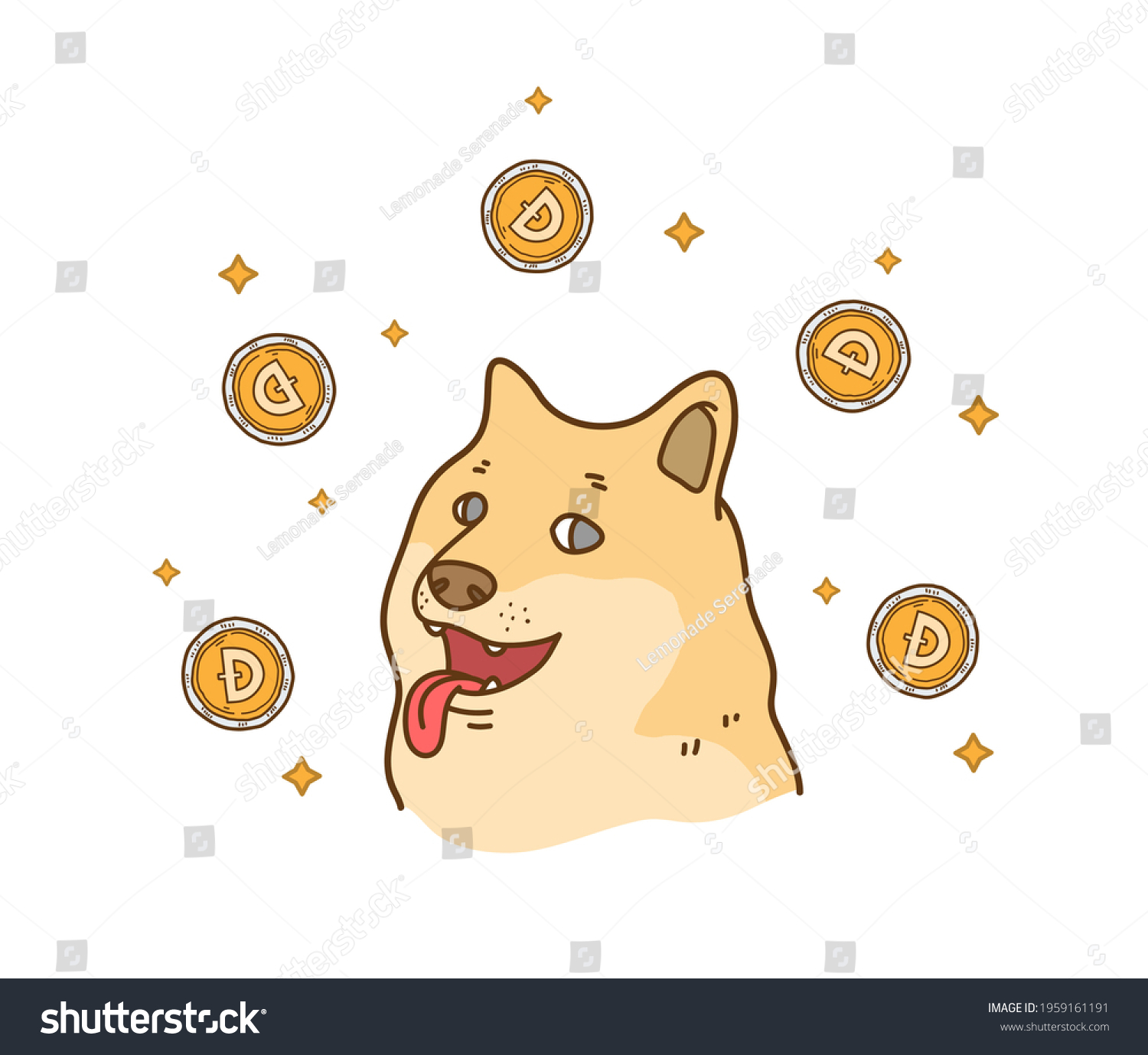 SVG of Dogecoin and doge dog meme, a hand drawn vector illustration of a funny Shiba Inu dog meme with its tongue sticking out and dogecoins all around its head, isolated on white background. svg