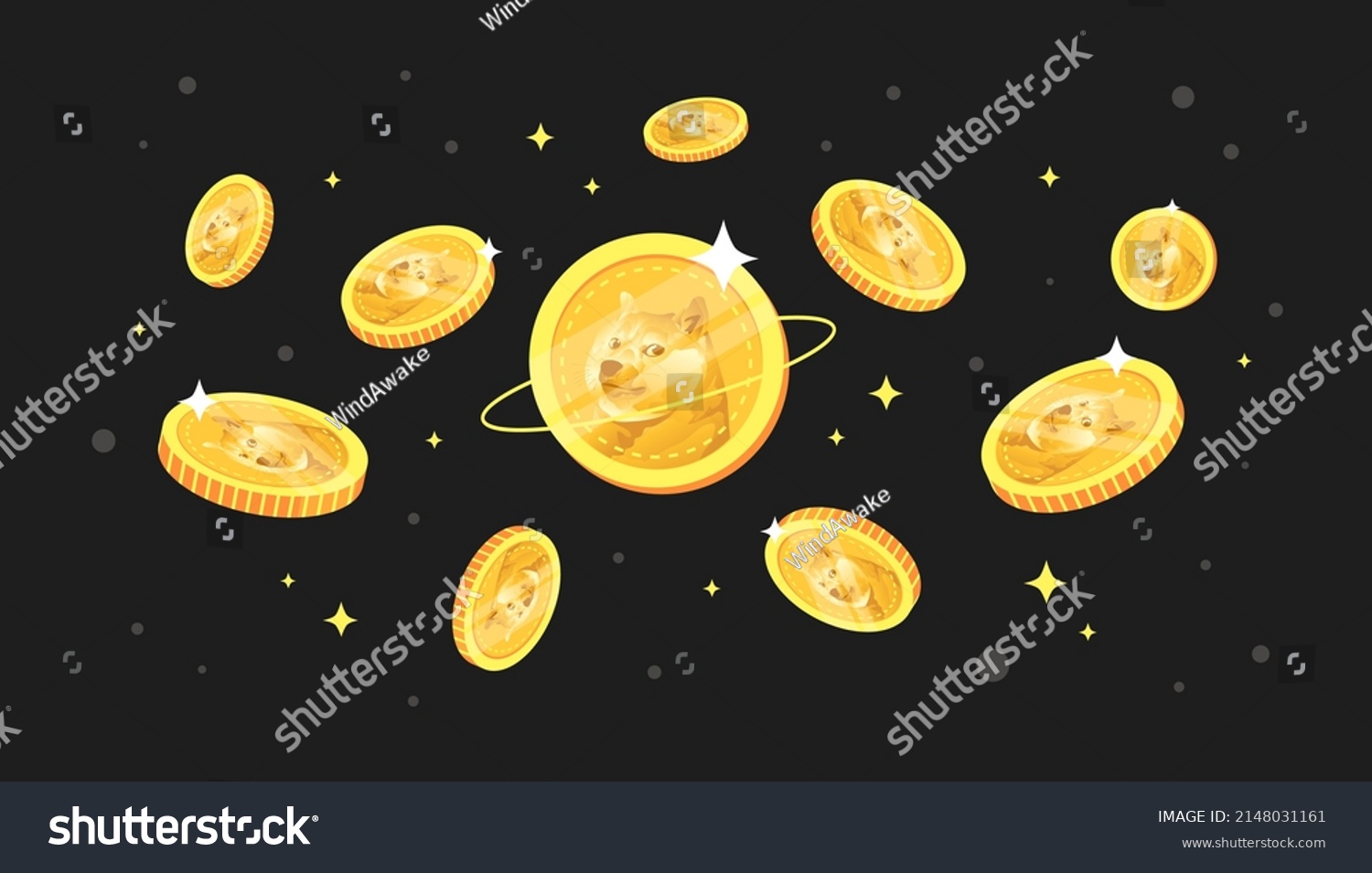 SVG of Dogecoin (DOGE) coins falling from the sky. DOGE cryptocurrency concept banner background. svg