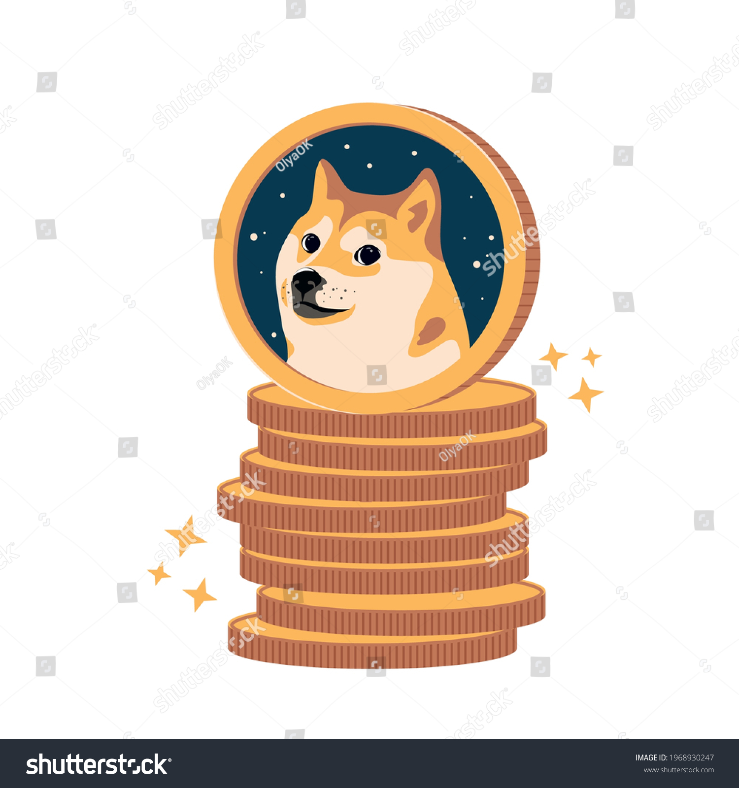 SVG of Dogecoin DOGE cryptocurrency on a stack of coins vector illustration isolated on white background. Stock crypto. Face of the Shiba Inu dog in space on coin. Symbol digital currency. svg