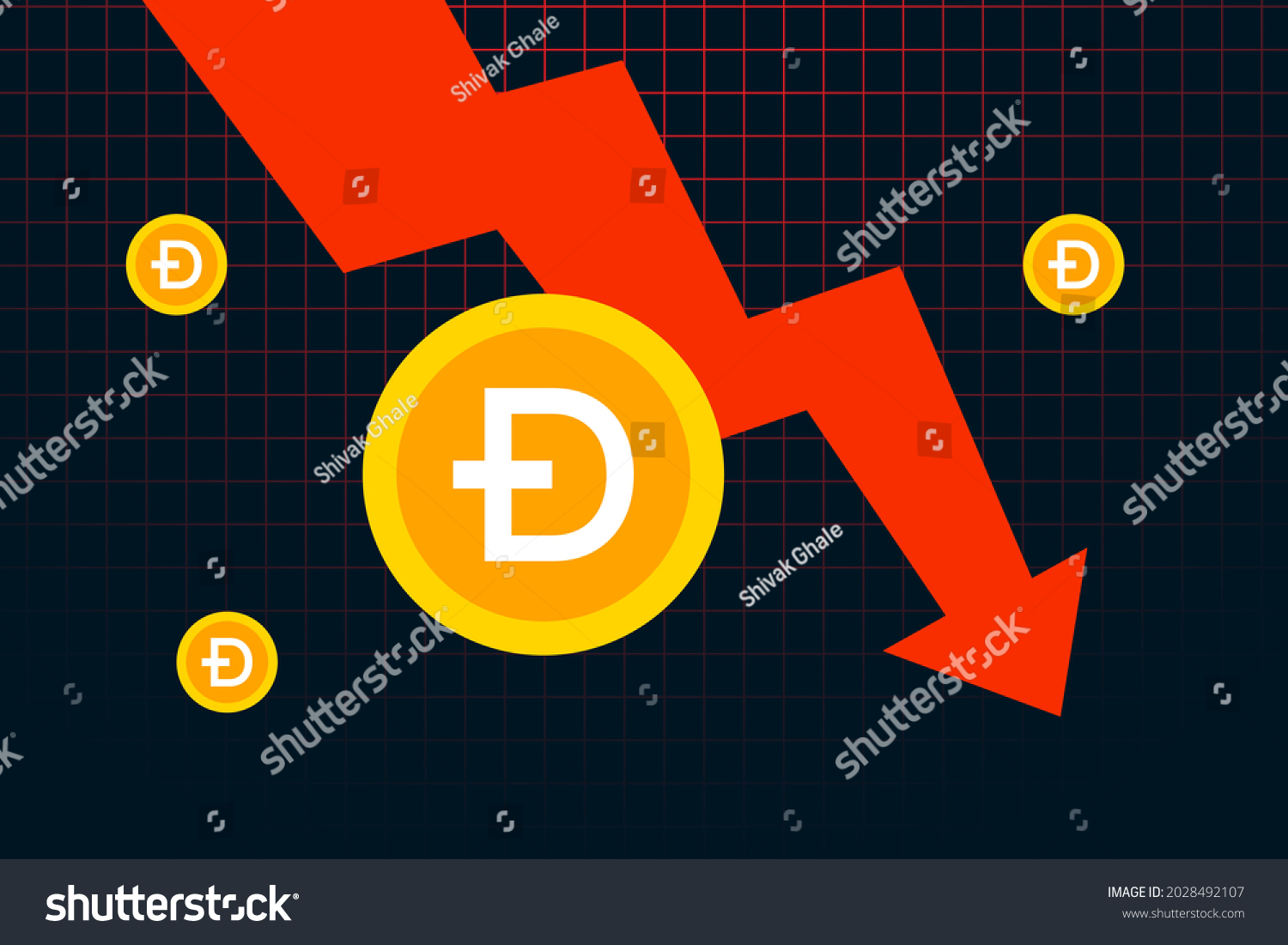SVG of Dogecoin DOGE price falls to all time low. Dogecoin crash graph design. Red arrow shows the price of Dogecoin is going down. Vector illustration template svg