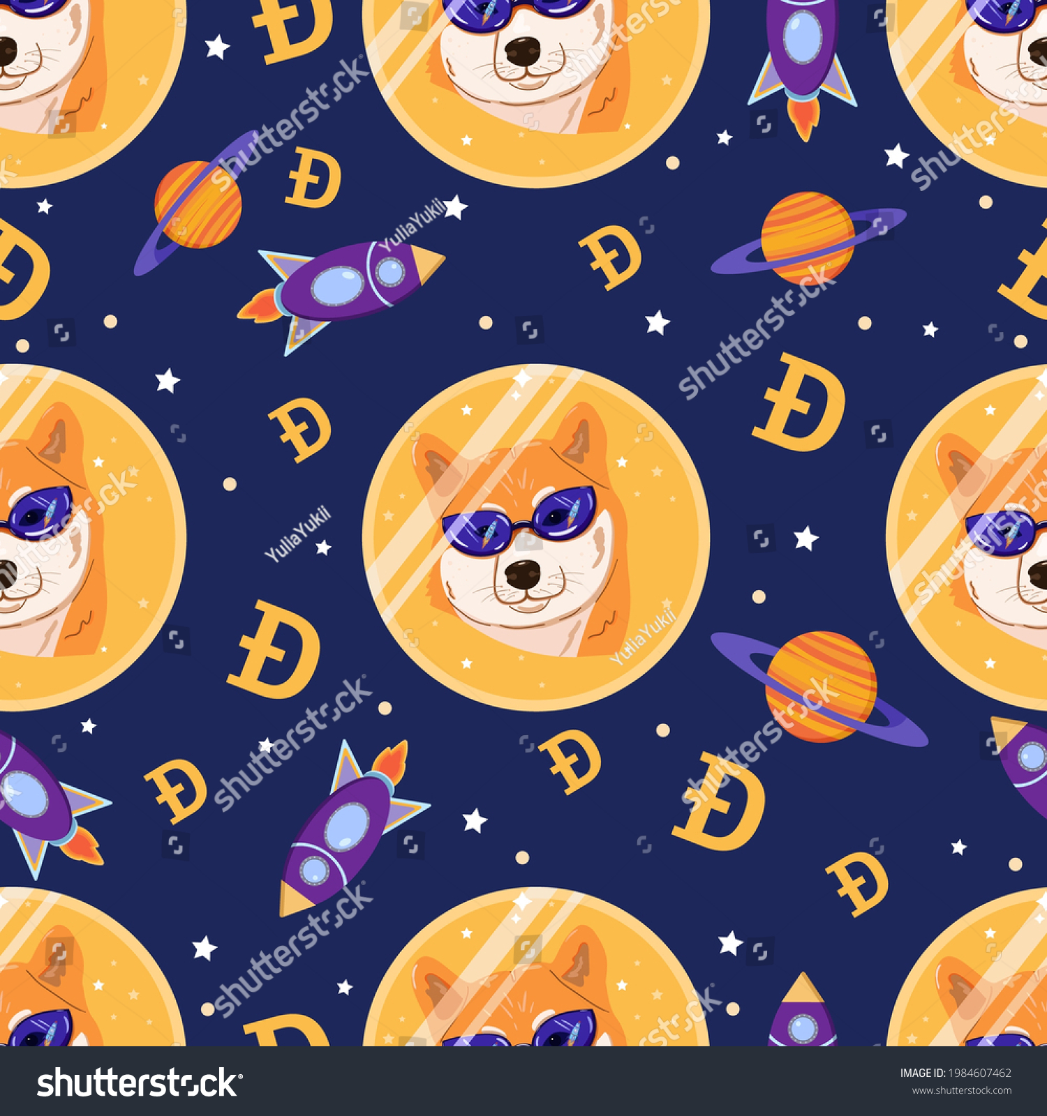 SVG of Dogecoin seamless pattern. Cryptocurrency shiba doge in space background with planets, stars. Virtual investment concept. Vector illustration. svg