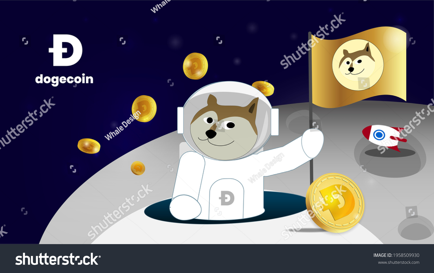 SVG of Dogecoin to the moon is gme stock in cryptocurrency market like a blockchain digital exchange in the future. The banner has a Shiba inu on the spaceship took dogecoins to the moon with a golden flag  svg