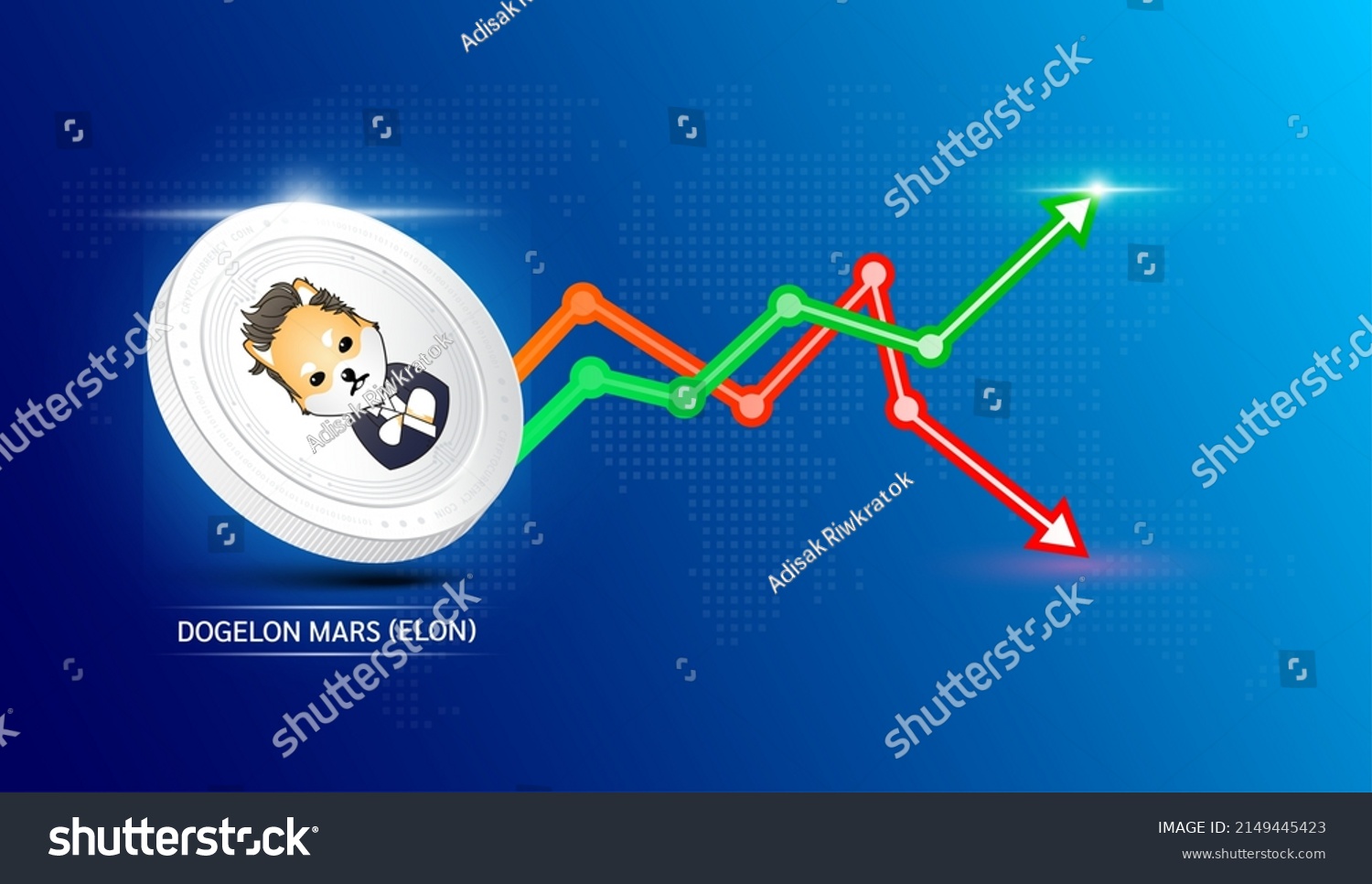 SVG of Dogelon Mars coin white. Cryptocurrency token symbol with stock market investment trading graph green and red. Coin icon on dark  background. Economic trends business concept. 3D Vector illustration. svg
