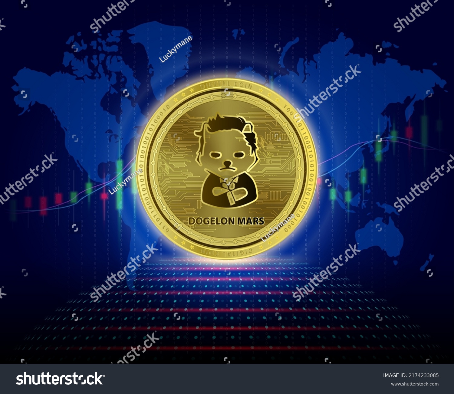 SVG of Dogelon Mars (ELON) coin. Cryptocurrency blockchain (crypto currency) Future digital replacement technology. Silver golden virtual currency growth share chart is background. 3D Vector illustration. svg
