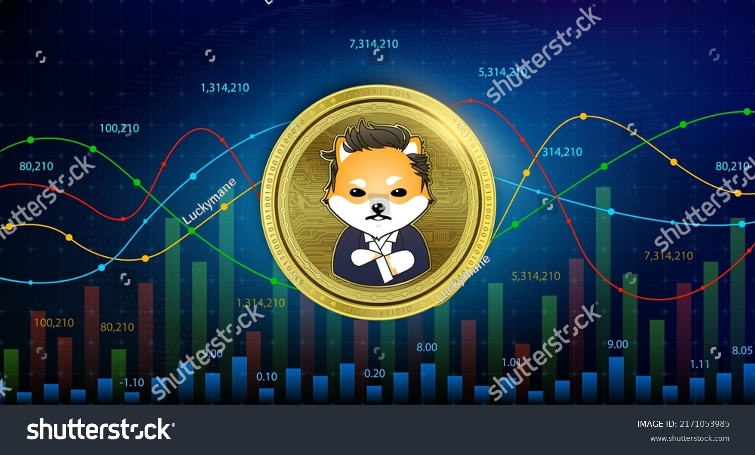 SVG of Dogelon Mars (ELON) coin Cryptocurrency blockchain. Future digital currency replacement technology alternative currency, Silver golden stock chart number up down is background. 3D Vector illustration. svg