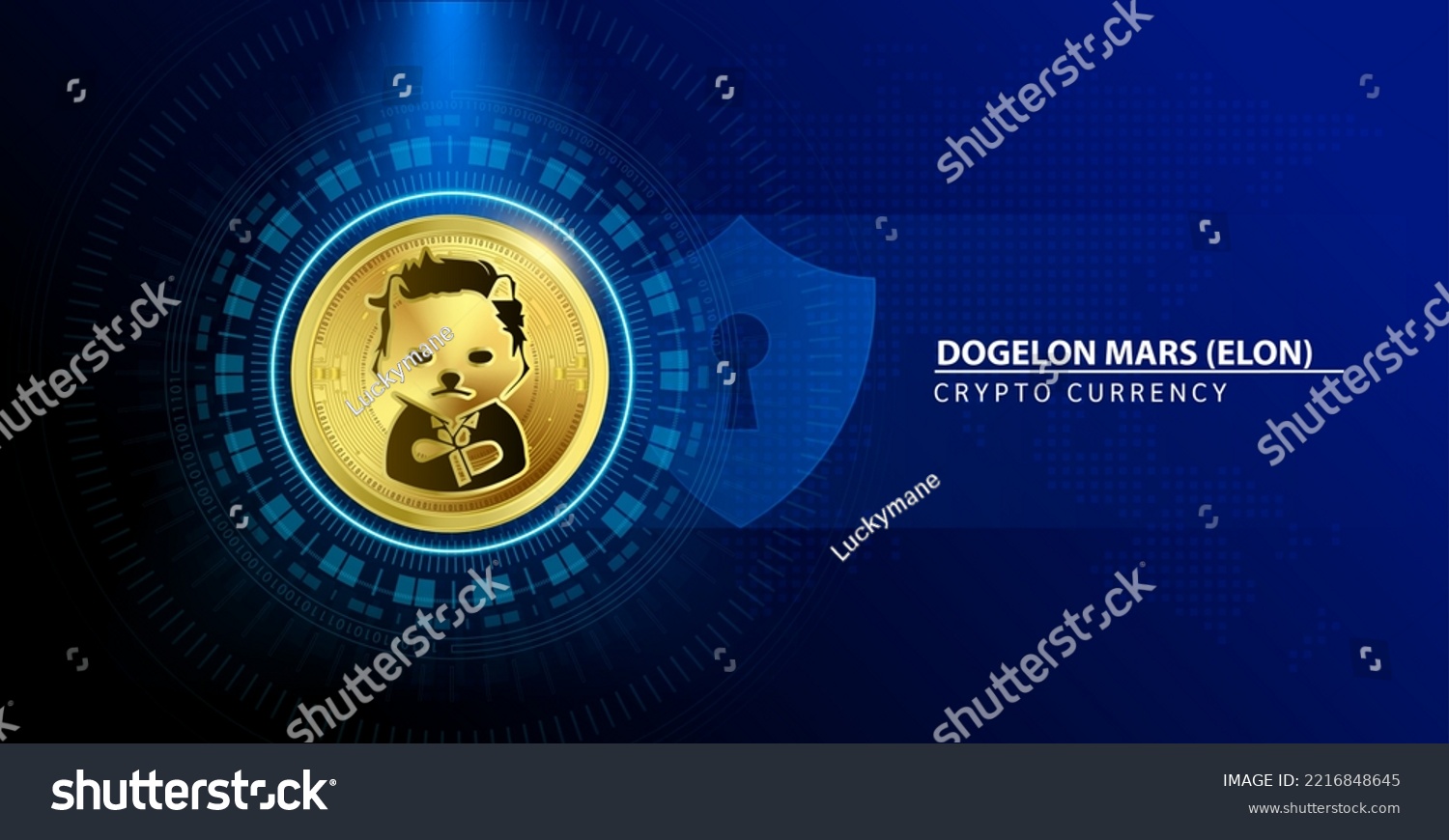 SVG of Dogelon Mars (ELON) coin gold  (crypto currency). Cryptocurrency blockchain. Future digital currency replacement technology concept. On blue background. 3D Vector illustration. svg