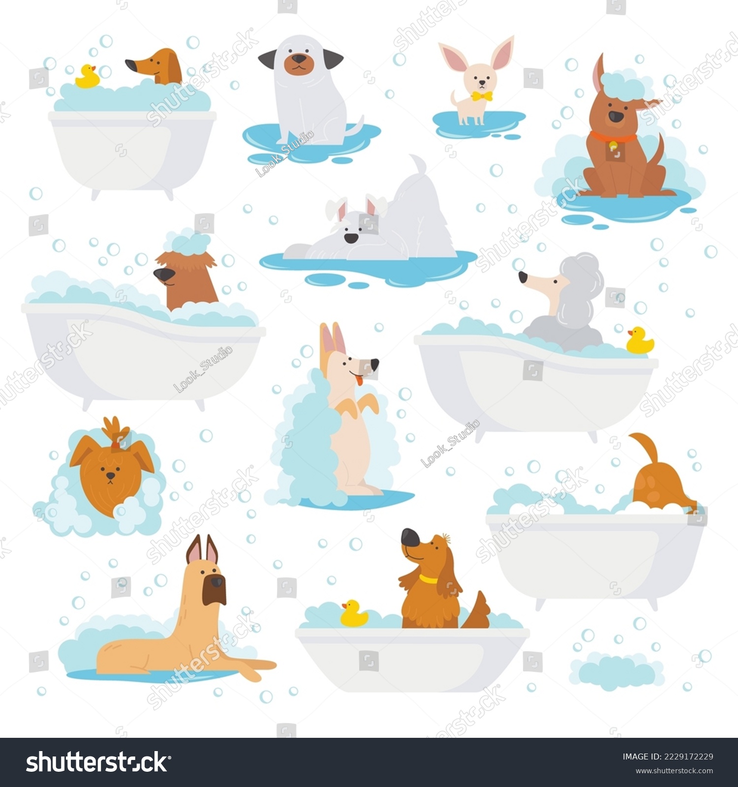 SVG of Dogs bathe flat icons set. Care of different dogs. Happy chihuahua, spaniel, poodle. Wash coat with shampoo, special organic products. Love and care for pets. Color isolated illustrations svg