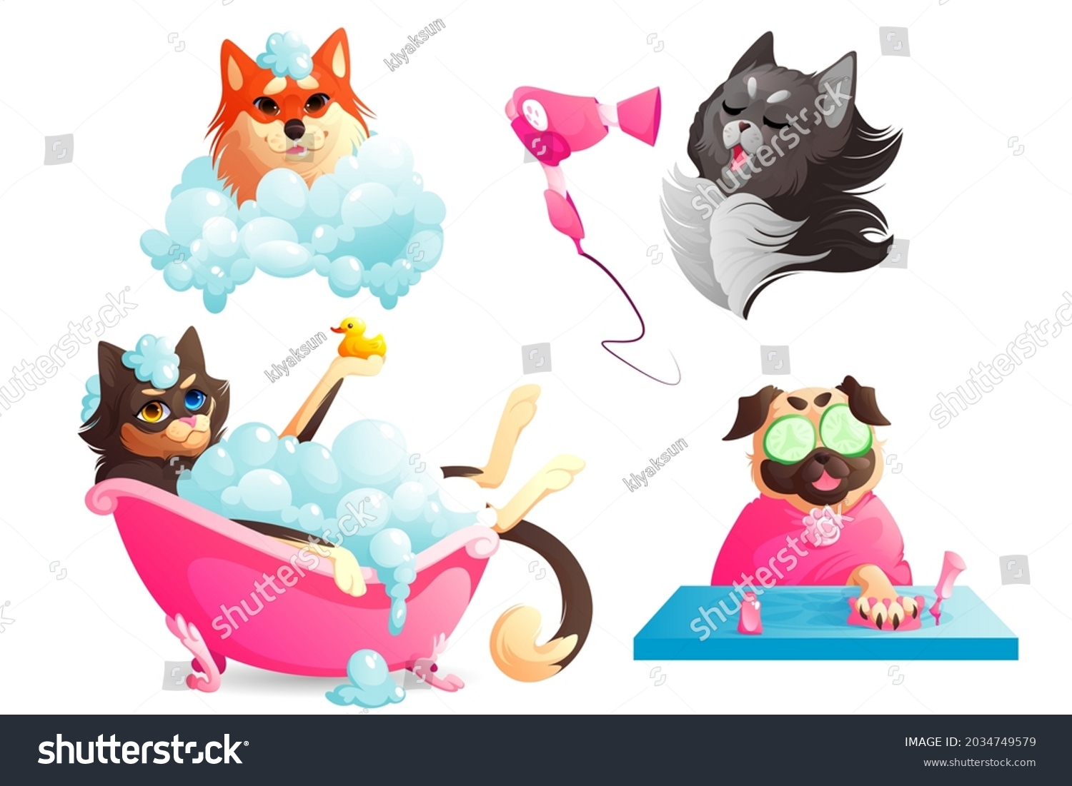 SVG of Dogs spa and grooming service, funny puppies enjoying salon procedures, pets drying hair with fan, manicure nails care, doggy take bath in tub with shampoo bubbles. Animals hygiene Cartoon vector set svg