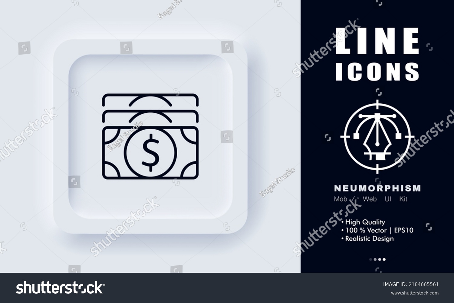 SVG of Dollar bills line icon. Money, currency, cash, income, spending, savings, expenses, pay, financial management, banking. Business concept. Neomorphism. Vector line icon for Business and Advertising. svg
