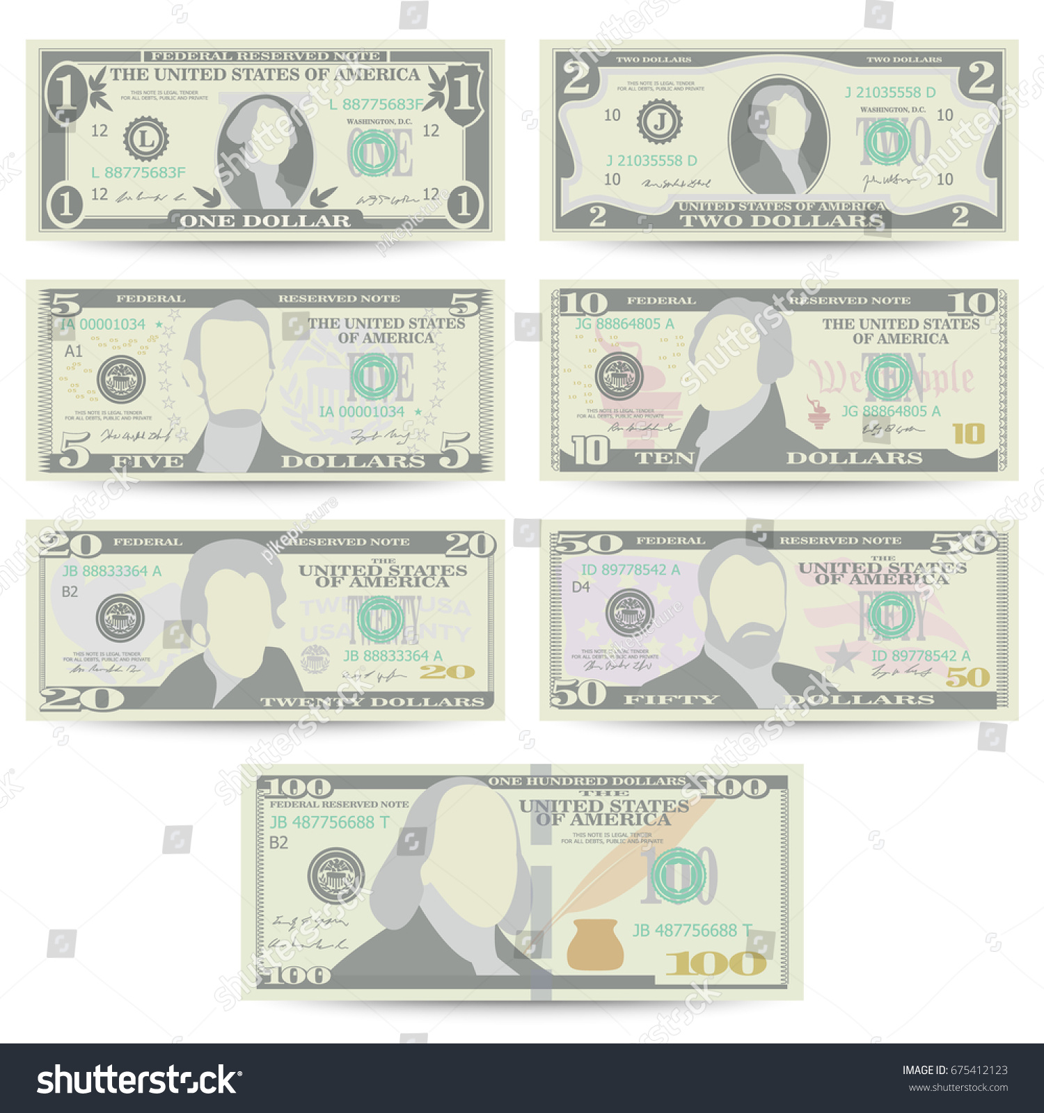 SVG of Dollars Banknote Set Vector. Cartoon US Currency Dollar. 10, 20 Front Side Of American Money Bill Isolated Illustration. Cash Dollar Symbol. Every Denomination Of US Currency Note.
 svg