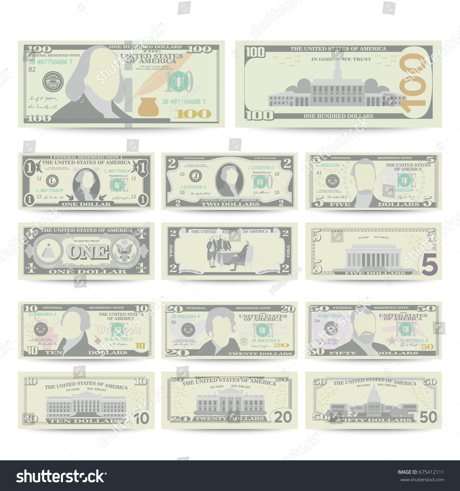 SVG of Dollars Bill Banknote Set Vector. Cartoon 100 US Currency. Two Sides Of American Money Bill Isolated Illustration. Dollar Cash Dollar Symbol. Every Denomination Of US Currency Note. svg