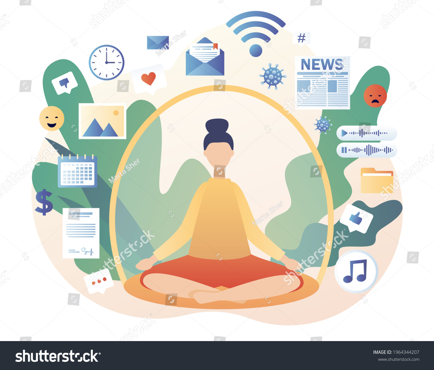 SVG of Dome filter protects woman from unnecessary information. Information detox. Digital detox. Information overload concept.  Meditation. Modern flat cartoon style. Vector illustration on white background svg