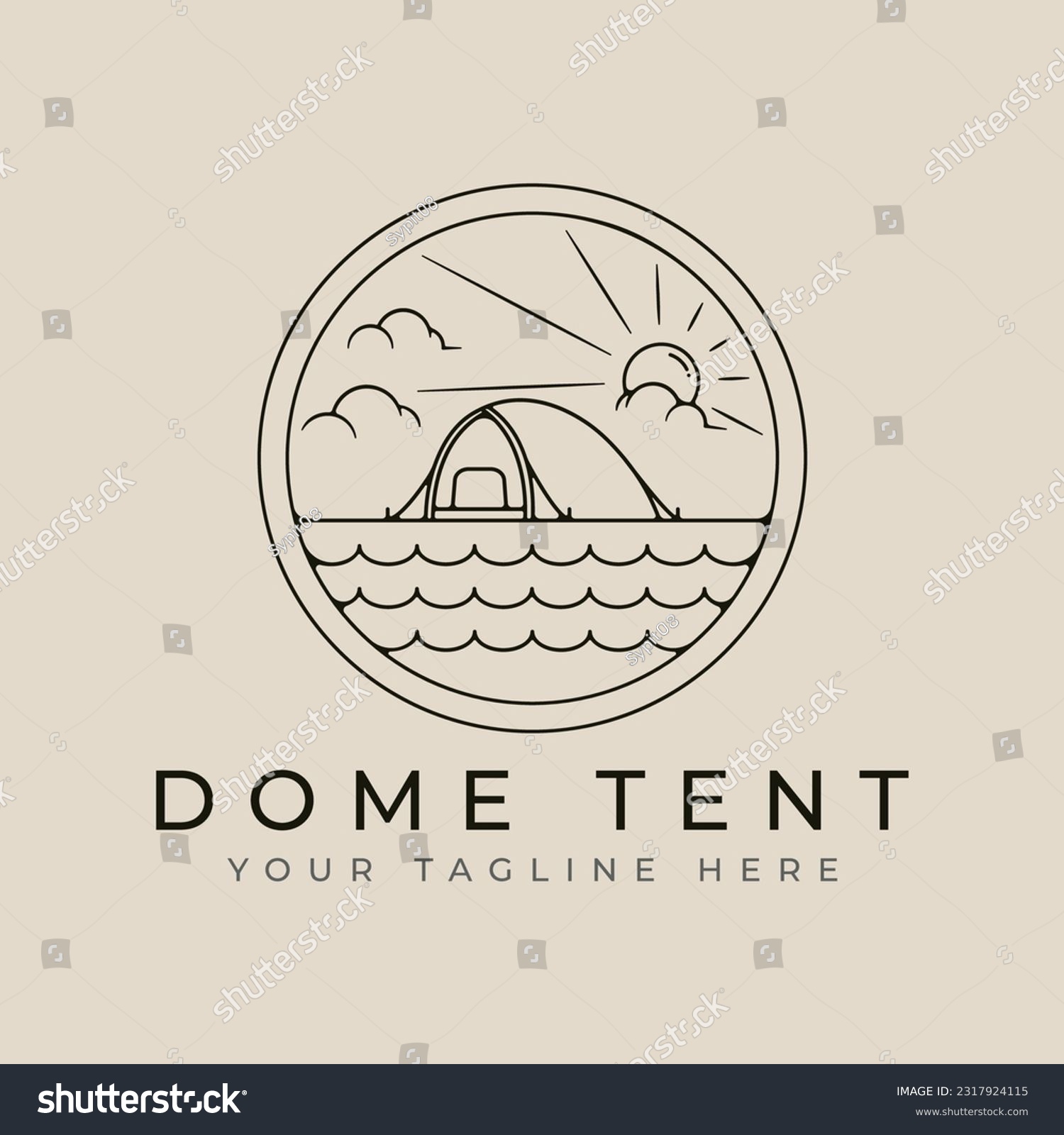 SVG of dome tent outdoor line art logo design with sun burst and cloud minimalist style logo vector illustration design svg