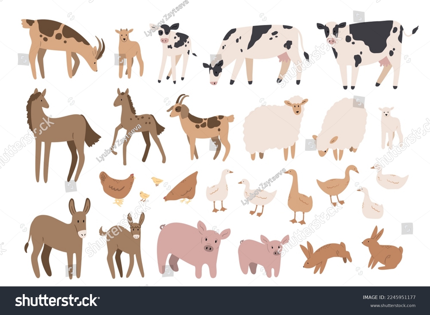 SVG of domestic animals clipart, farm life svg png ai illustrations, farmer flat vector style, chicken, sheep, goat, rabbit, cow, horse, duck, donkey, pig, goose svg
