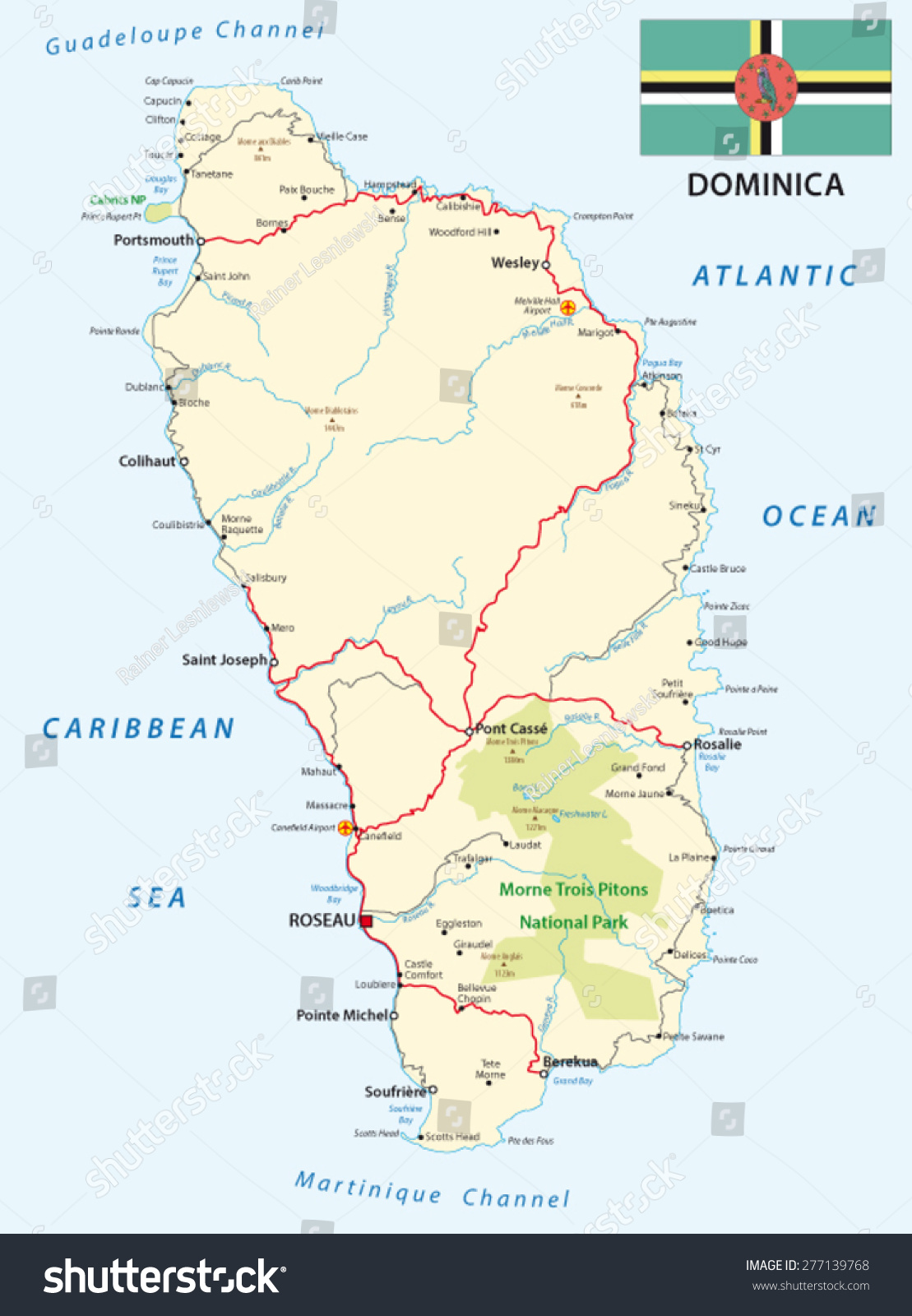 Dominica Road Map With Flag Stock Vector 277139768 : Shutterstock