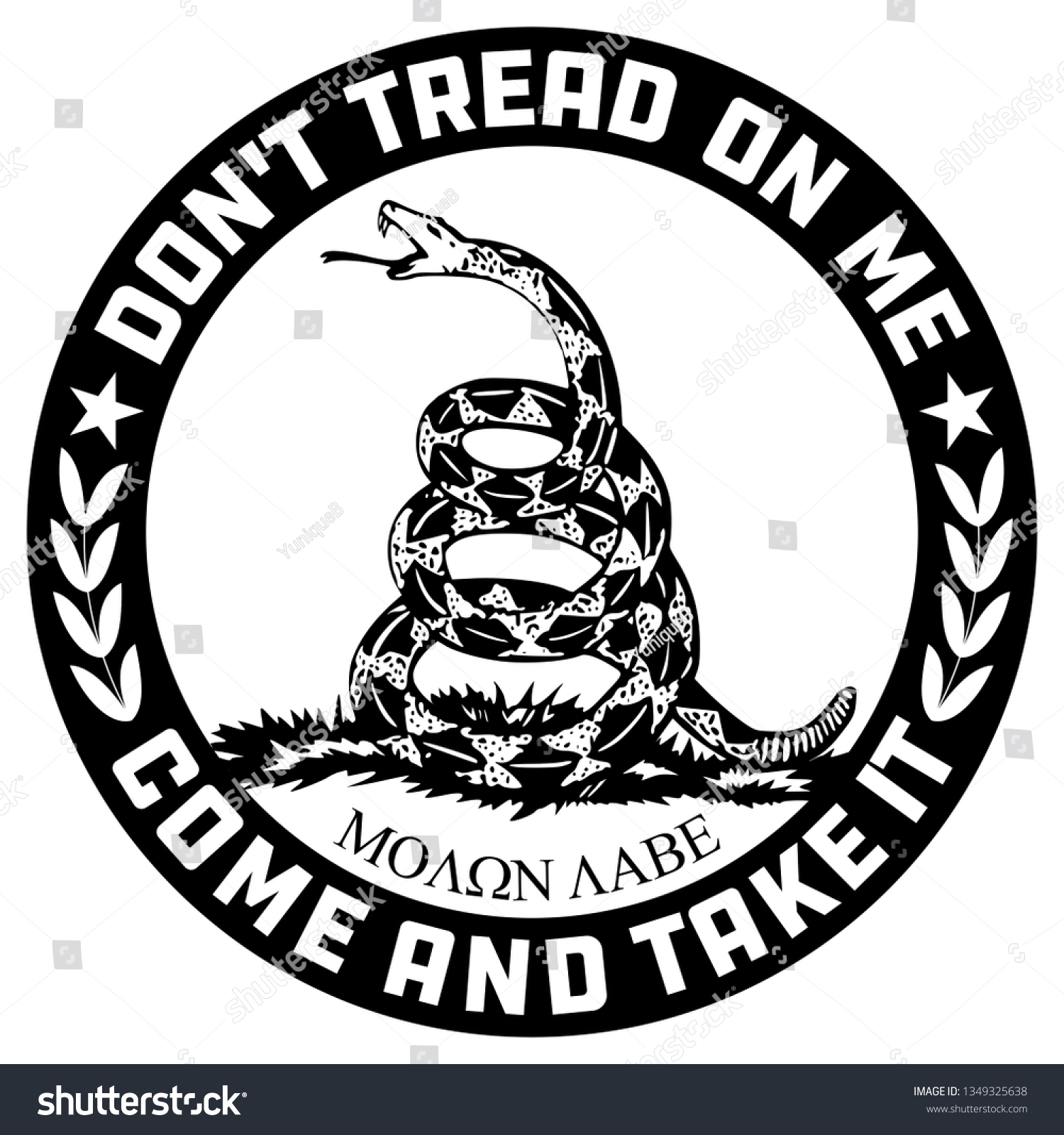 SVG of Don't Tread on Me-Come and Take it-Molon Labe Emblem in Black and White svg