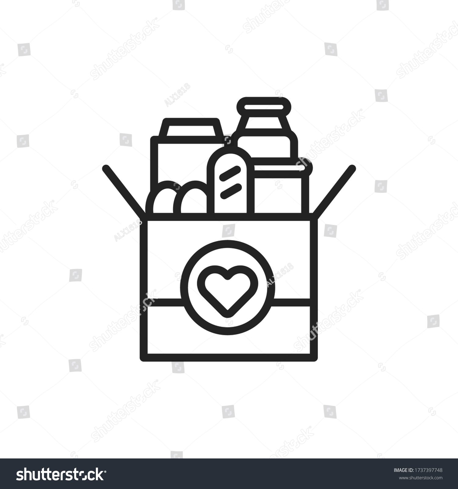 SVG of Donation box of food line black icon. Food Bank simple concept. Charity illustration. Sign for web page, mobile app, banner. UI UX user interface. Vector isolated object. Editable stroke. svg