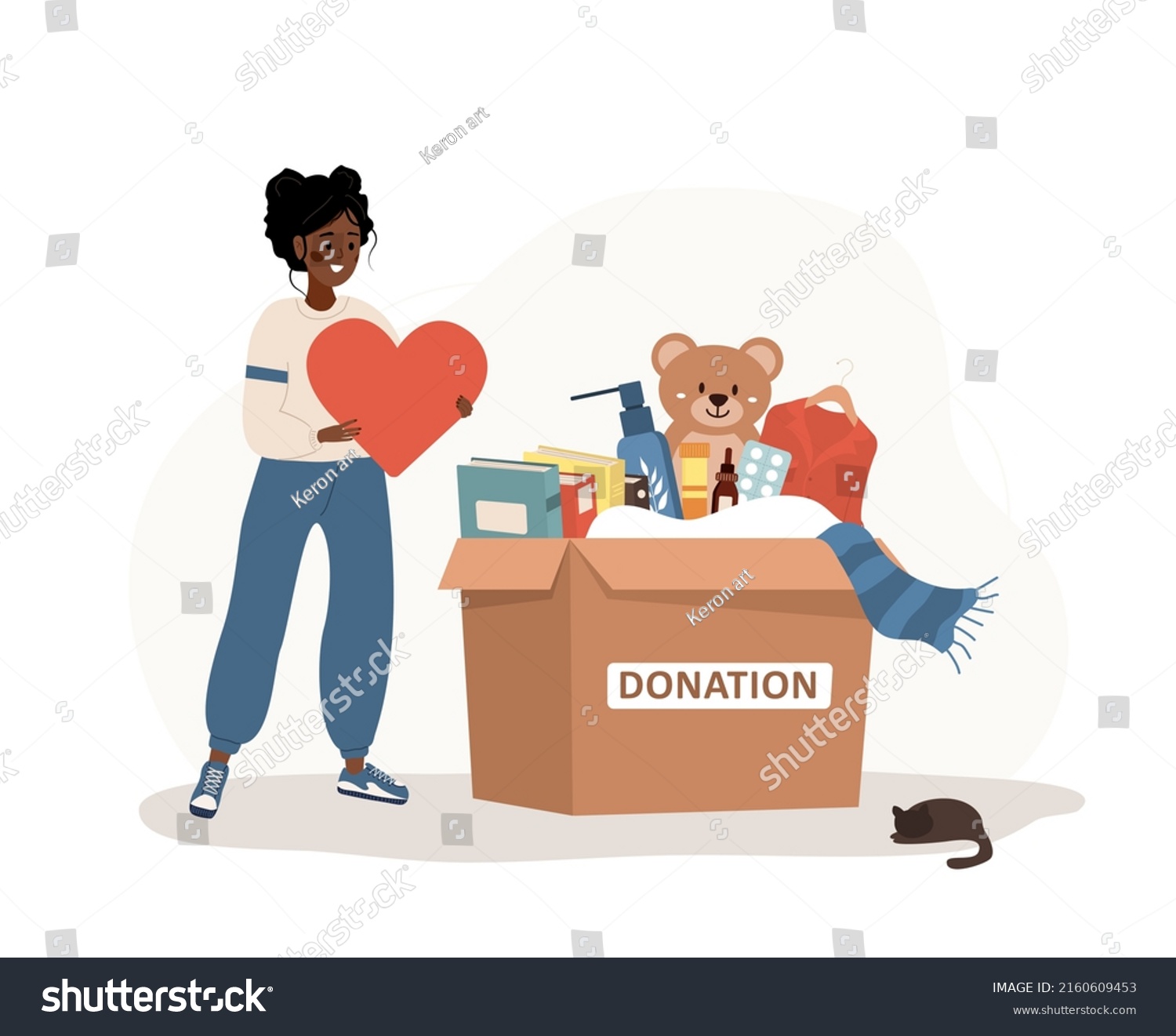 SVG of Donation box with clothes, toys, books and medicines. African volunteer woman holding in hands heart. Share your love. Support for poor people and children. Vector illustration in flat cartoon style. svg