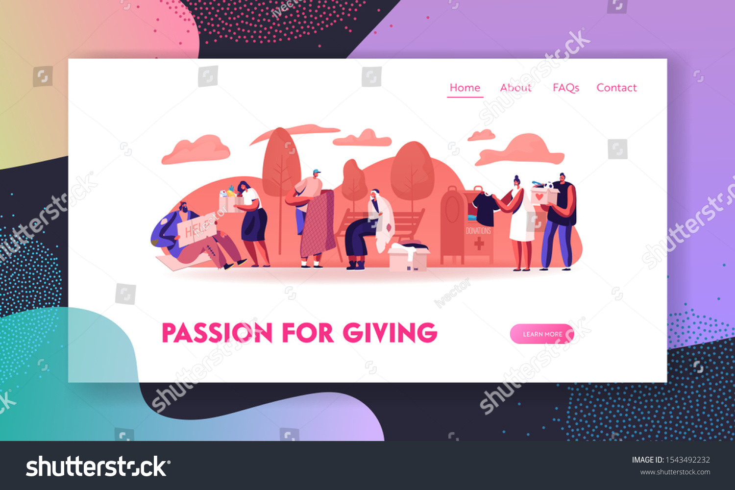 SVG of Donation Charity and Support to Beggars Website Landing Page. Volunteers Help Homeless Poor Unemployed People Living on Street Giving Food and Clothes Web Page Banner. Cartoon Flat Vector Illustration svg