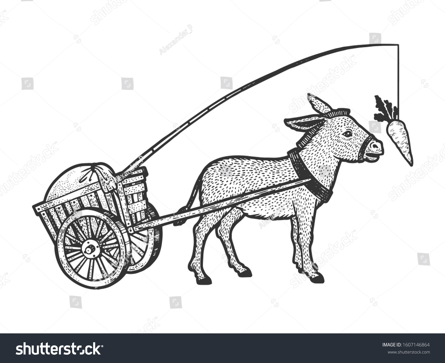 SVG of Donkey chasing carrot that is tied to him and drags cart with load sketch engraving vector illustration. T-shirt apparel print design. Scratch board style imitation. Black and white hand drawn image. svg