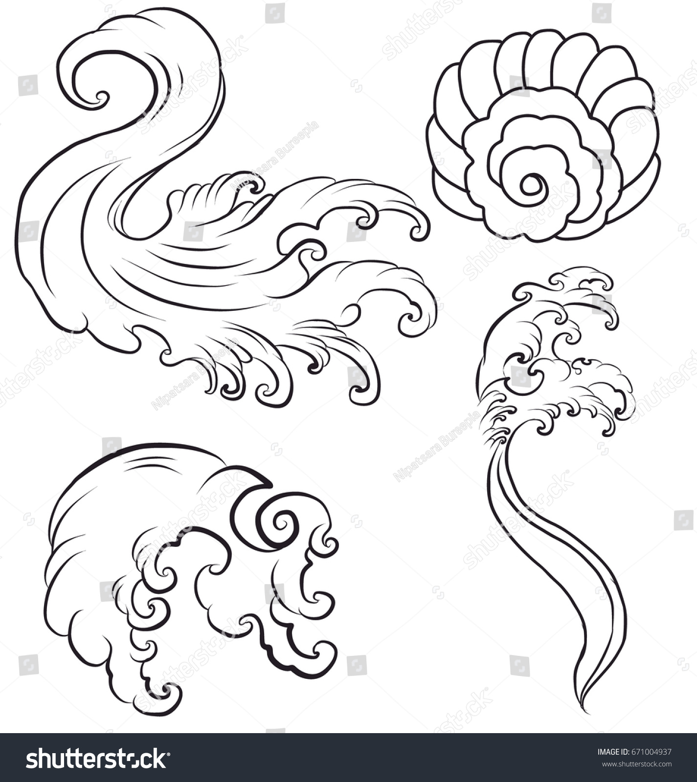 Doodle Line Art Japanese Wave Tattoo Stock Vector Royalty Free