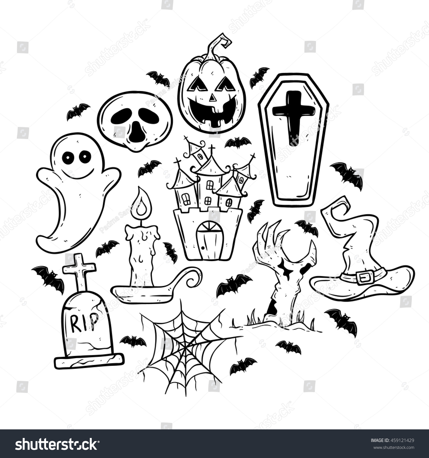 Doodle Art Halloween Icons Castle Coffin Stock Vector Royalty Free