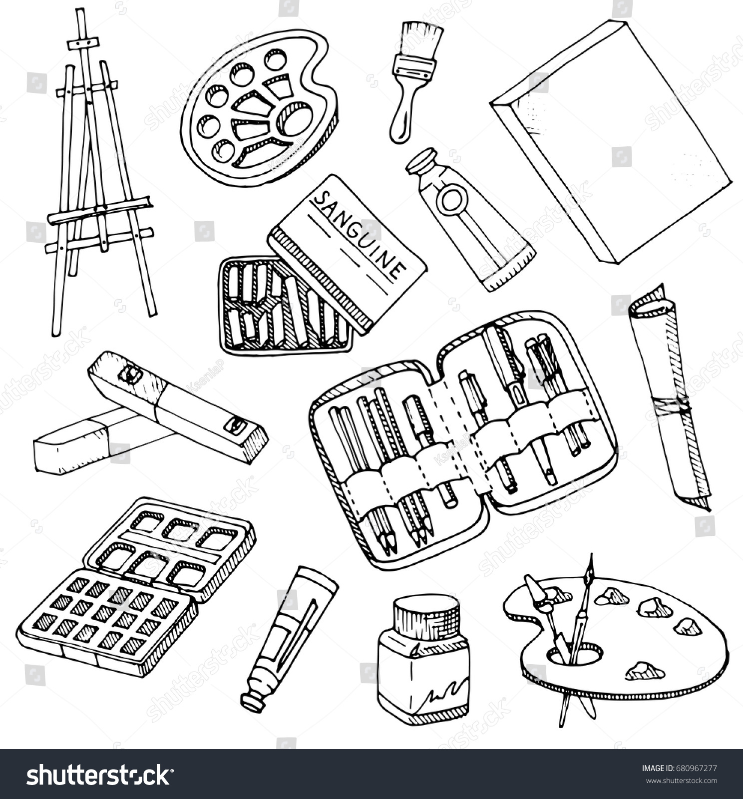 Doodle Art Materials Collection Hand Drawn Stock Vector Royalty